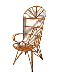 Mid-Century Modern High-Back Lounge Chair, Rattan & Bamboo, 1960s