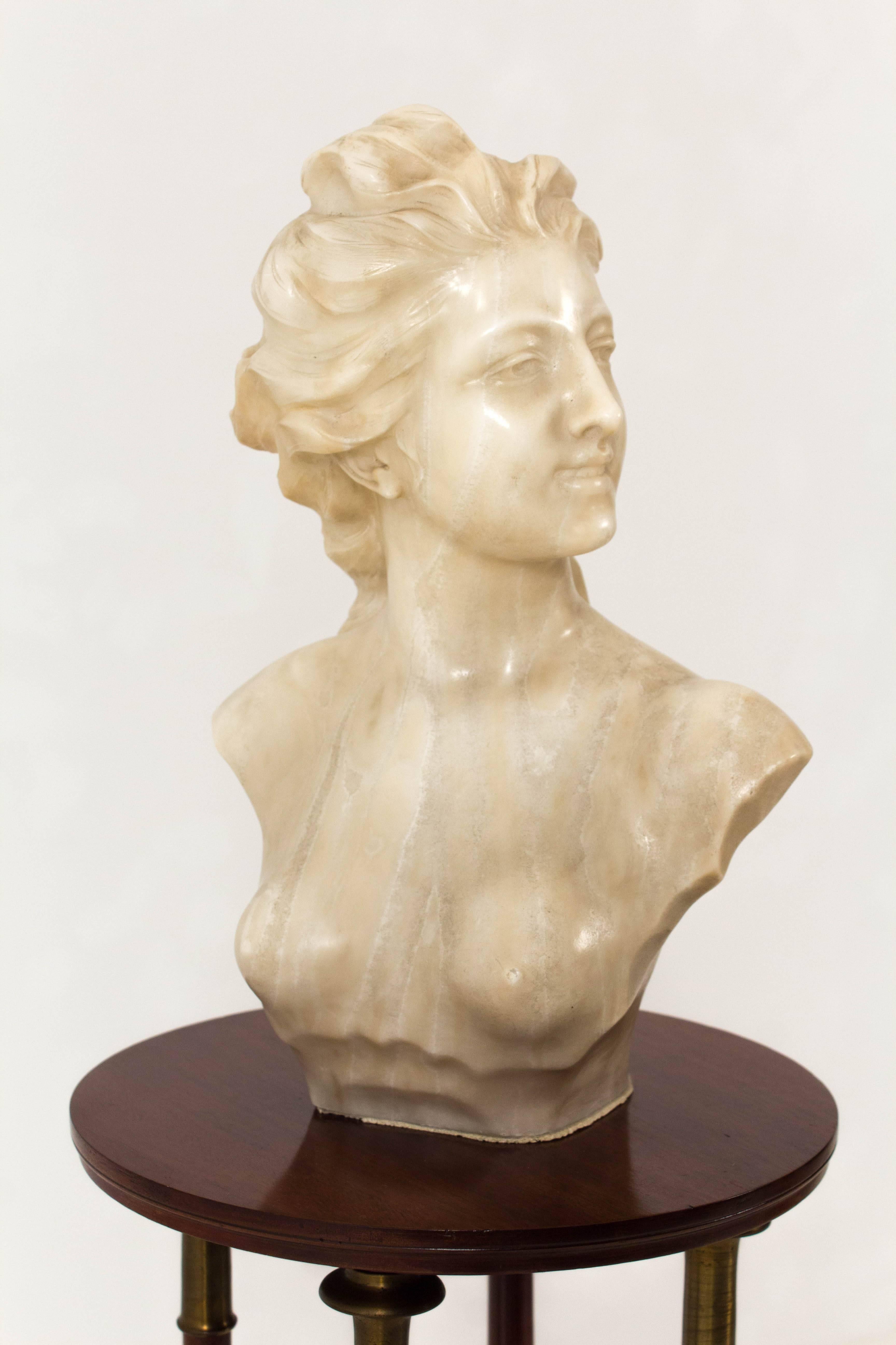 Stunning alabaster Art Nouveau bust of young lady by Jef Lambeaux.
Jef Lambeaux (Antwerp 1852 - Brussels 1908) was a famous and very talented
Belgian sculptor born in Antwerp.
He studied at the Antwerp Academy of Fine Arts.
Bust is in good