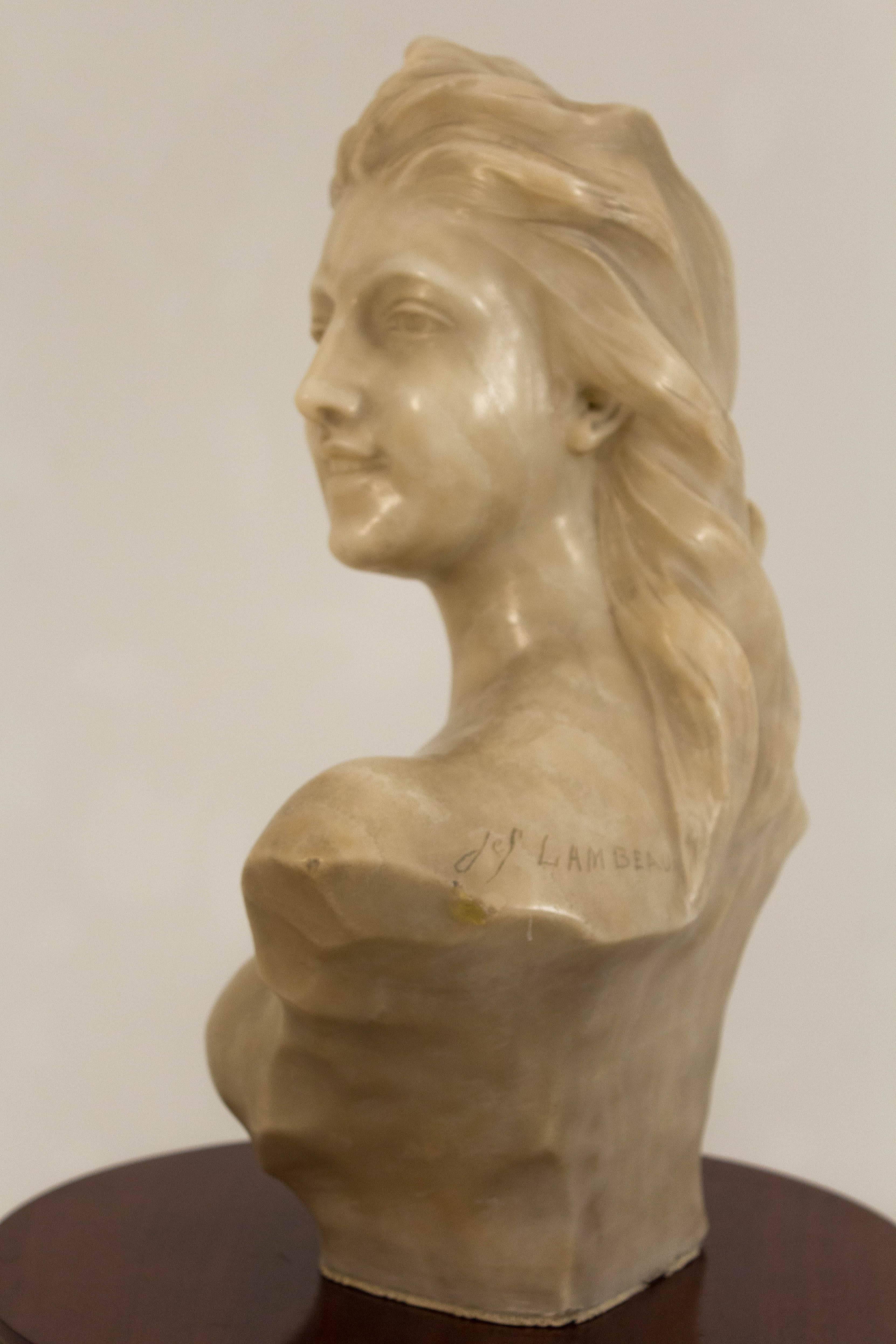 Alabaster Stunning Art Nouveau Bust of Young Lady by Jef Lambeaux