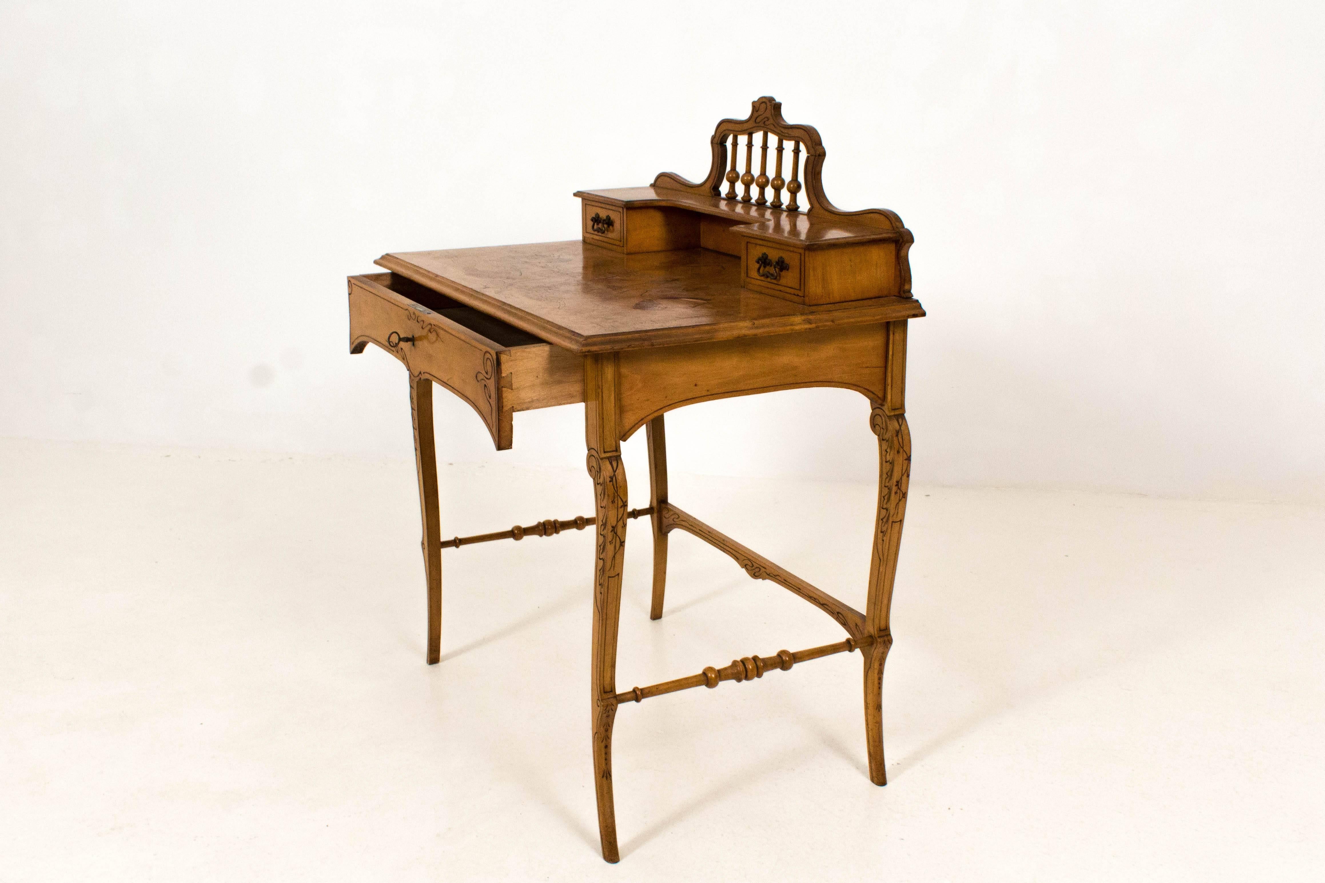 Ash Stunning French Art Nouveau Writing Table with Marquetry, 1900s