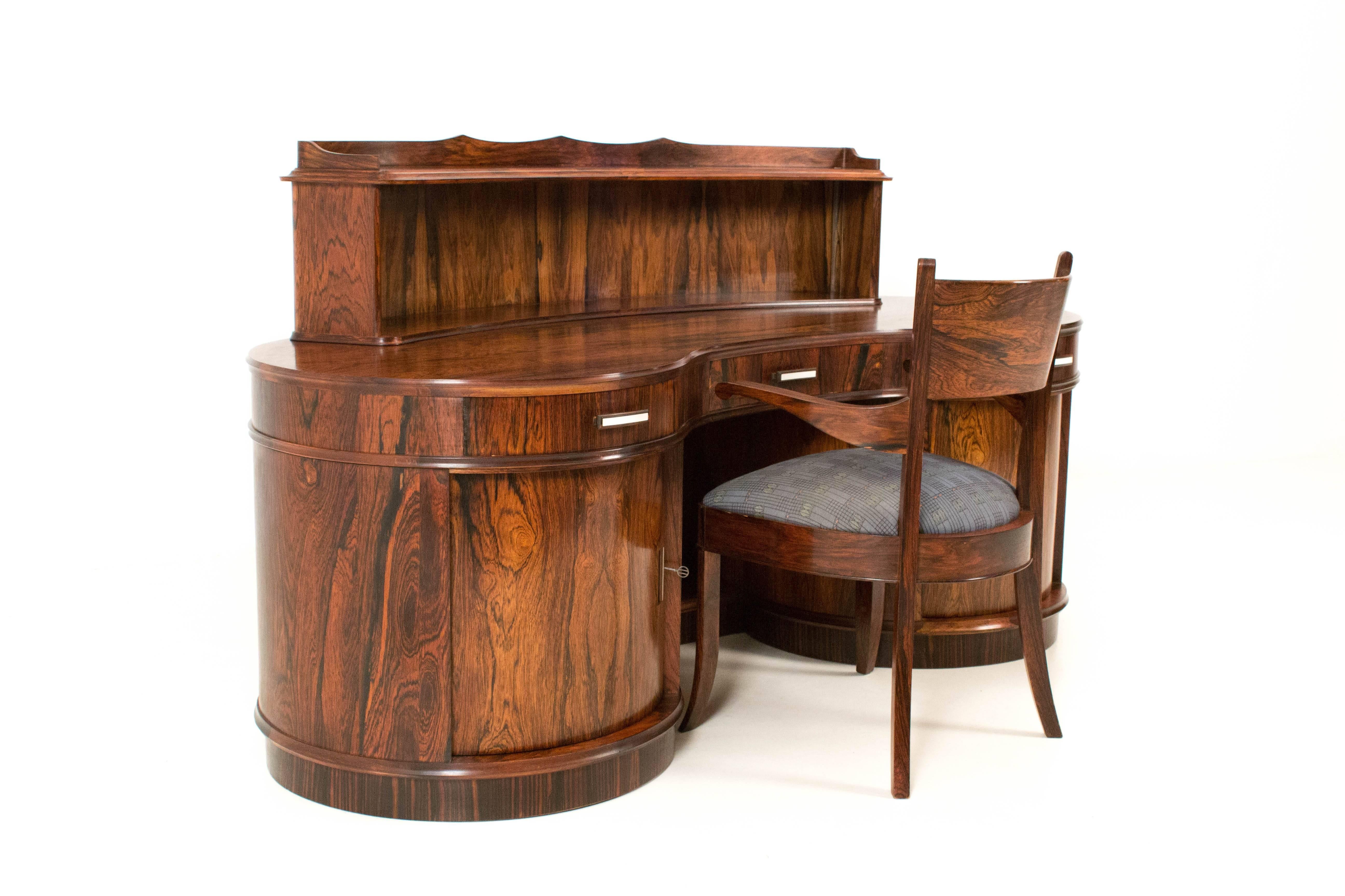 Dutch Magnificent Art Deco Kidney Shaped Desk with Armchair by Reens Amsterdam