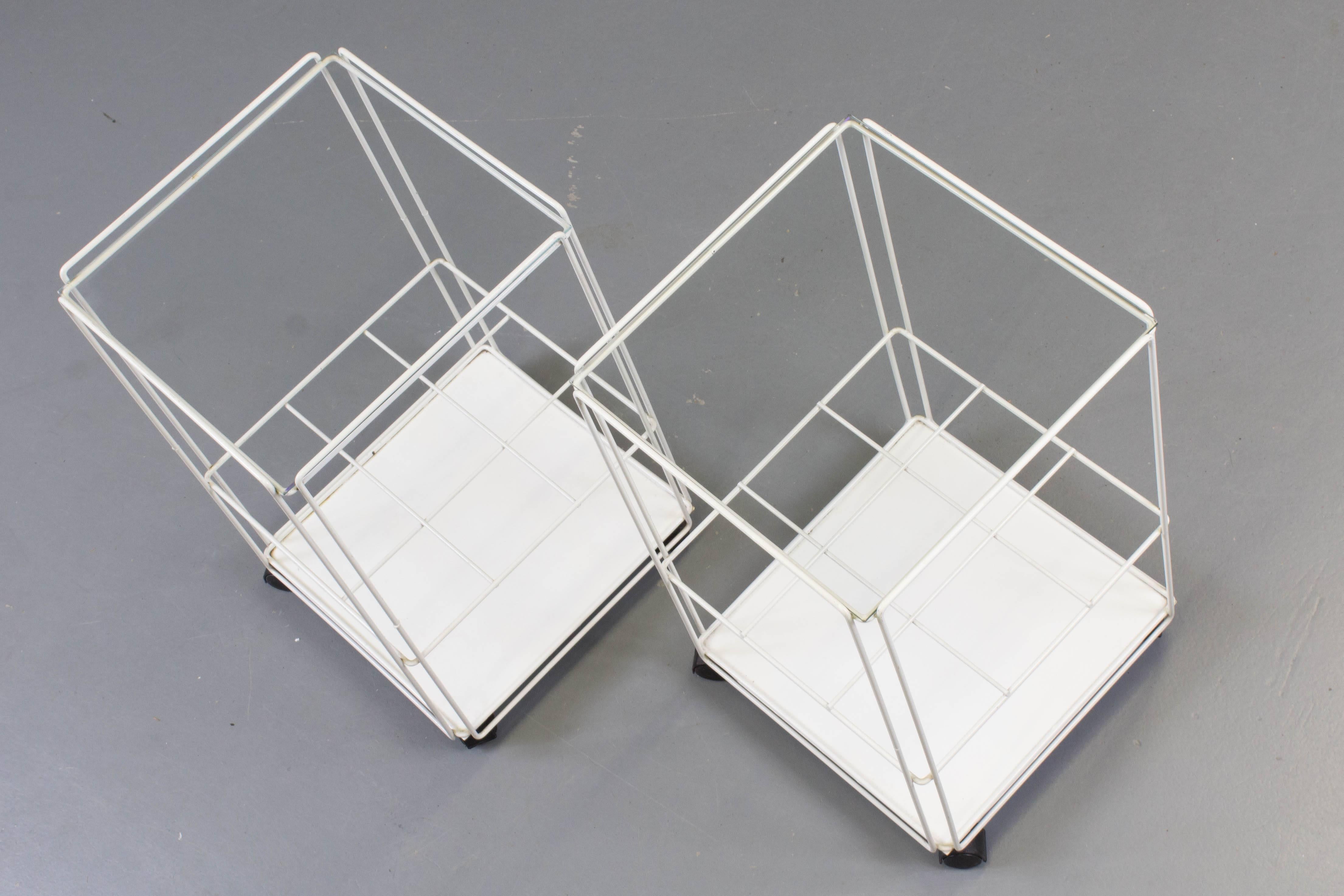 Pair of Mid-Century Modern two-tier Isocele tables or trolleys by Max Sauze, 1970s.
White lacquered metal base with clear glass tops.
In good original condition with minor wear consistent with age and use.