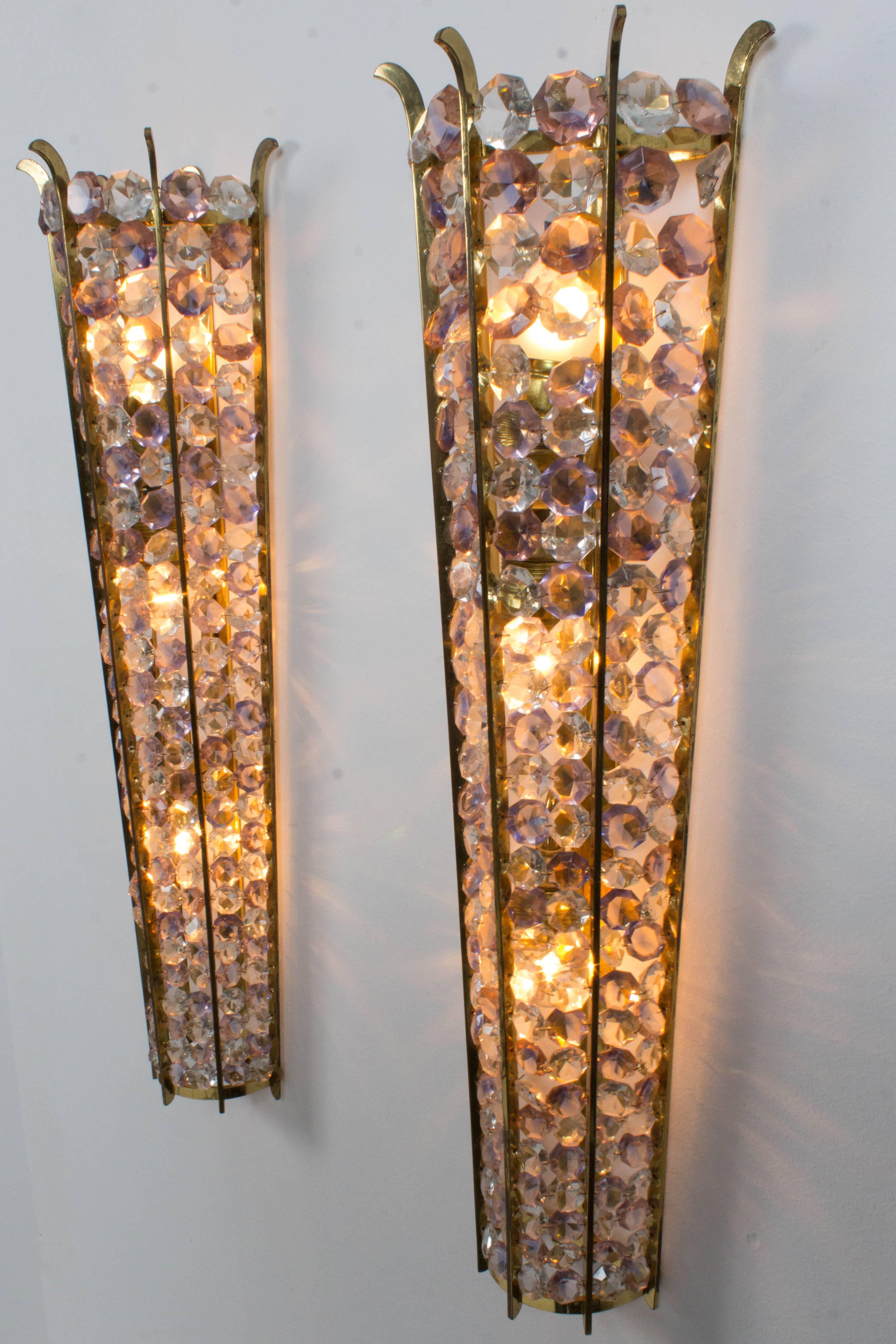 Crystal Magnificent Pair of Large Italian Mid-Century Modern Sconces, 1970s