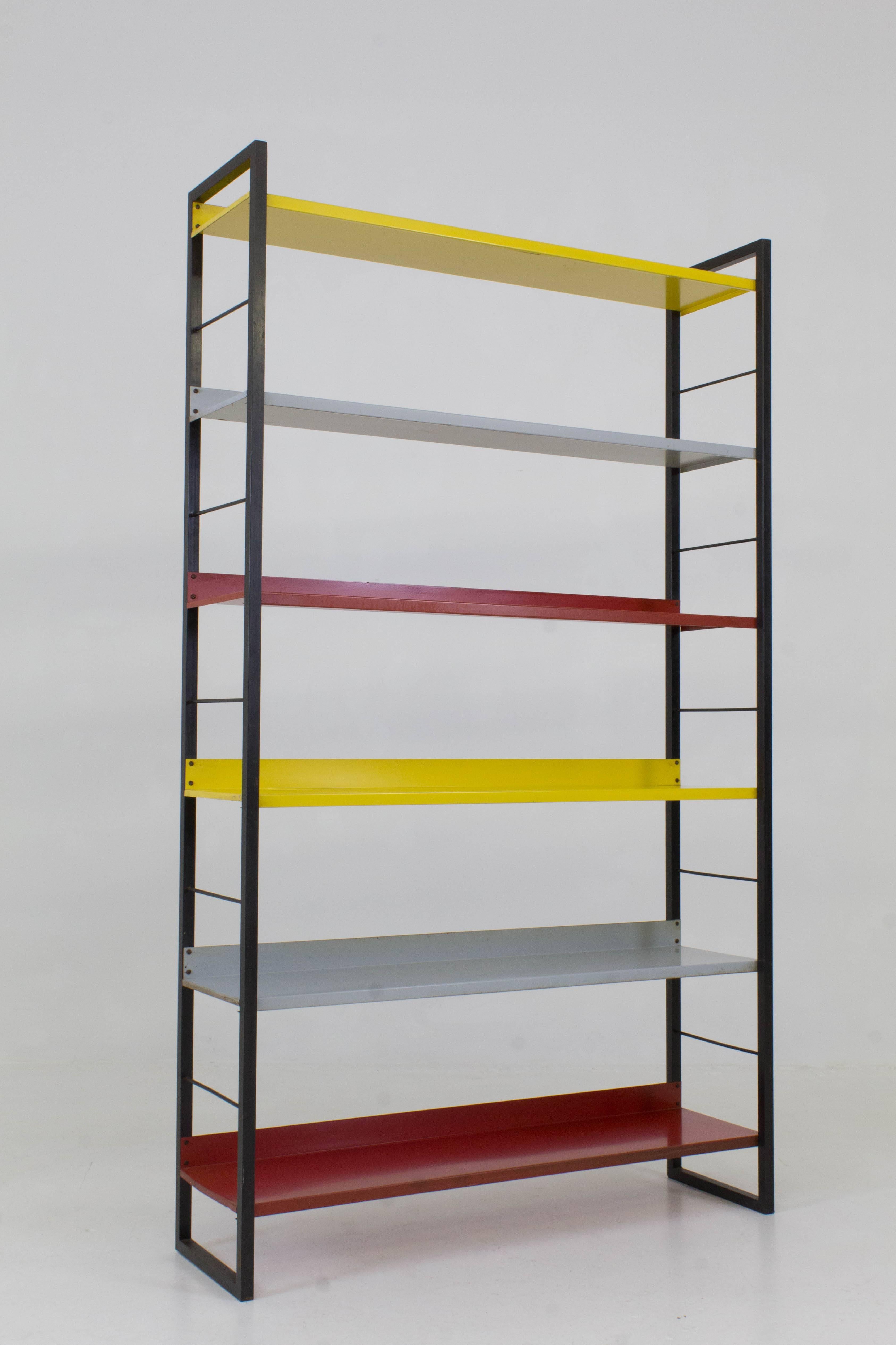 Lacquered Mid-Century Modern Multicolored Metal Standing Bookshelf by Tomado, 1950s
