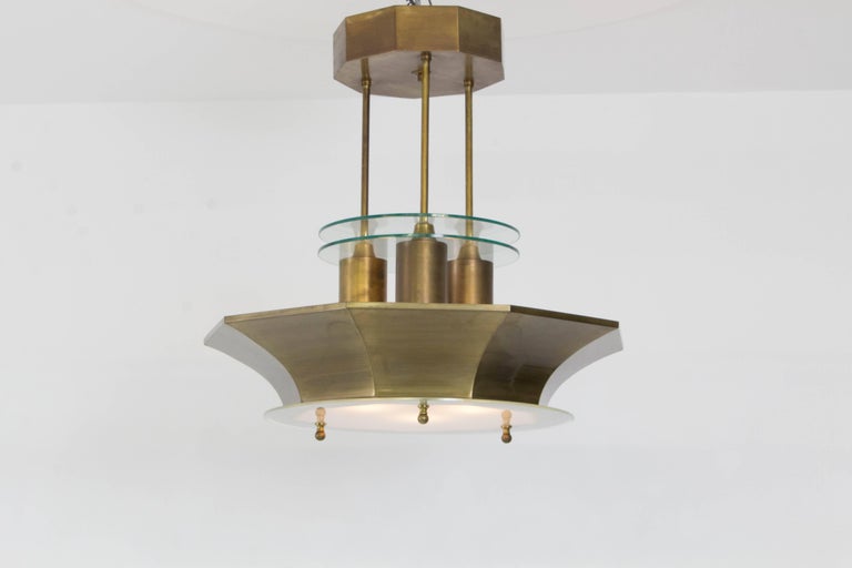 Rare Brass And Etched Glass Art Deco Haagse School Chandelier 1930s Rare And Impressive Art Deco Haagse School Chandelier 1930s Original Solid Brass Frame With