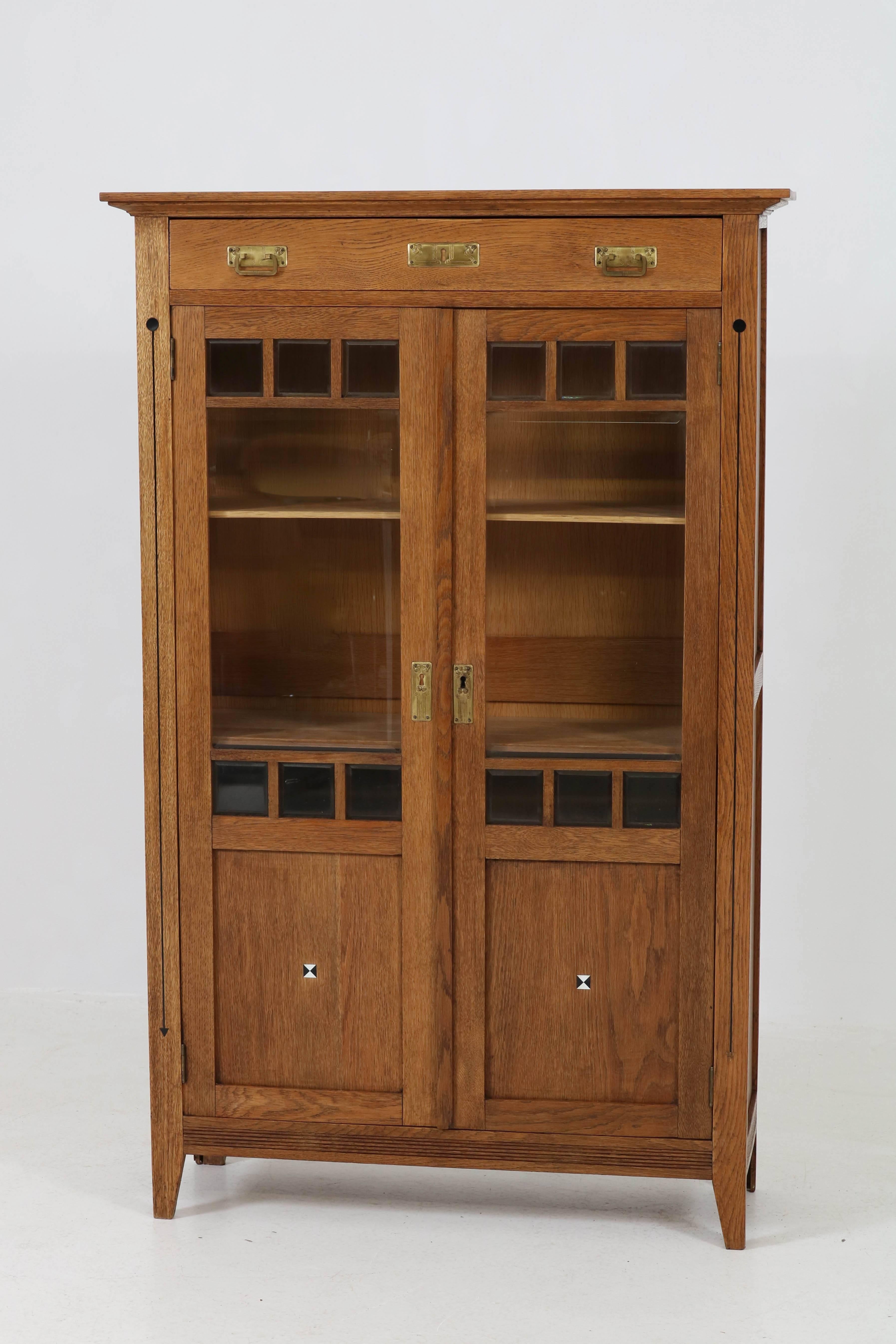 Glass Dutch Oak Art Nouveau Arts & Crafts Bookcase with Inlay, 1900s