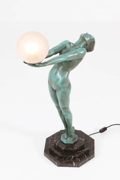 Large Art Deco Figural "Clarté" Table Lamp by Max Le Verrier, 1930s