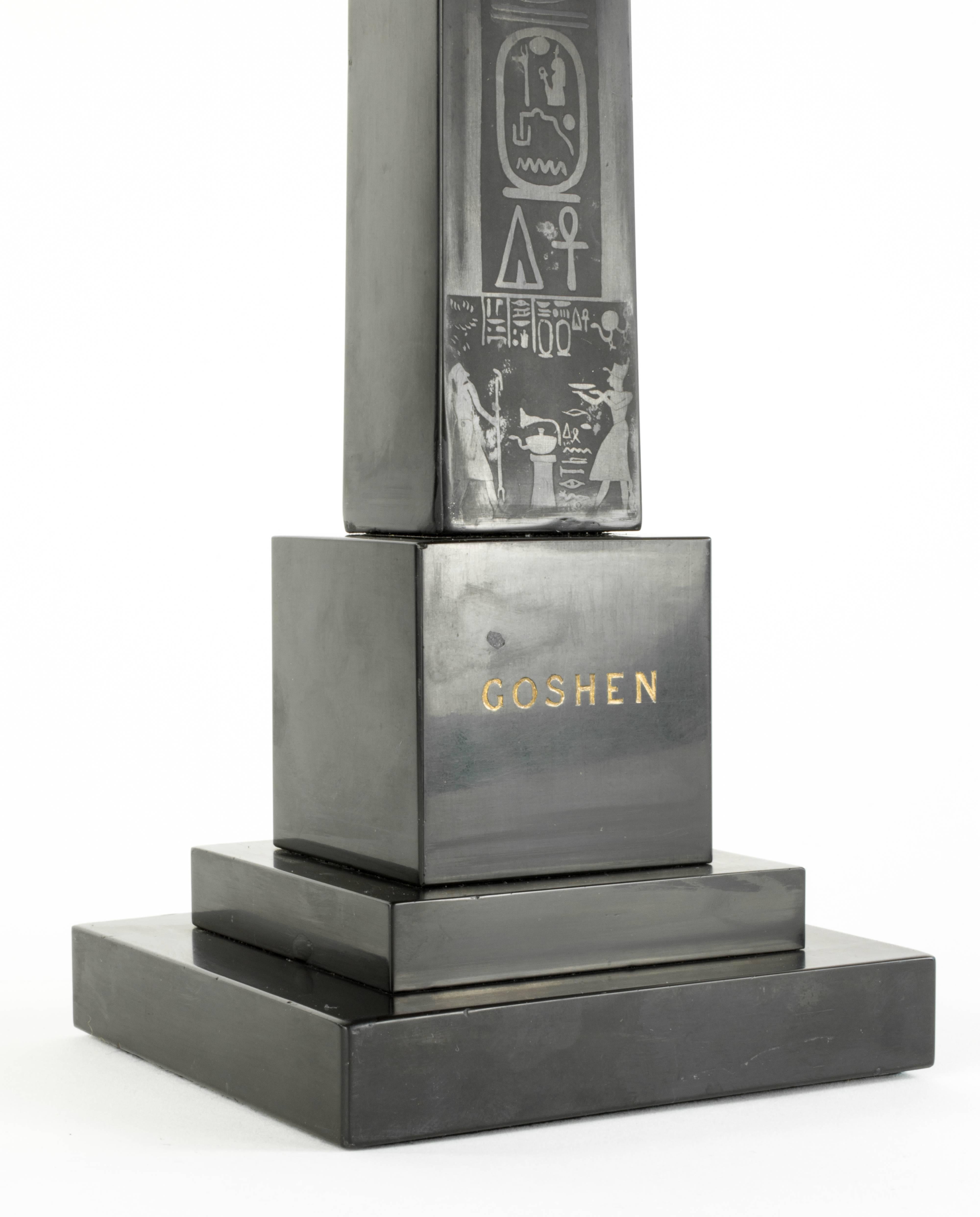Goshen Obelisk, Egypt 
Ashford Black Marble, 19” h., traces of gilding
1820’s, perhaps by John Mawe

(Possibly best known as the Obelisk erected by Charleton Heston as Moses  in the Ten Commandments)

When we think of black stone models of