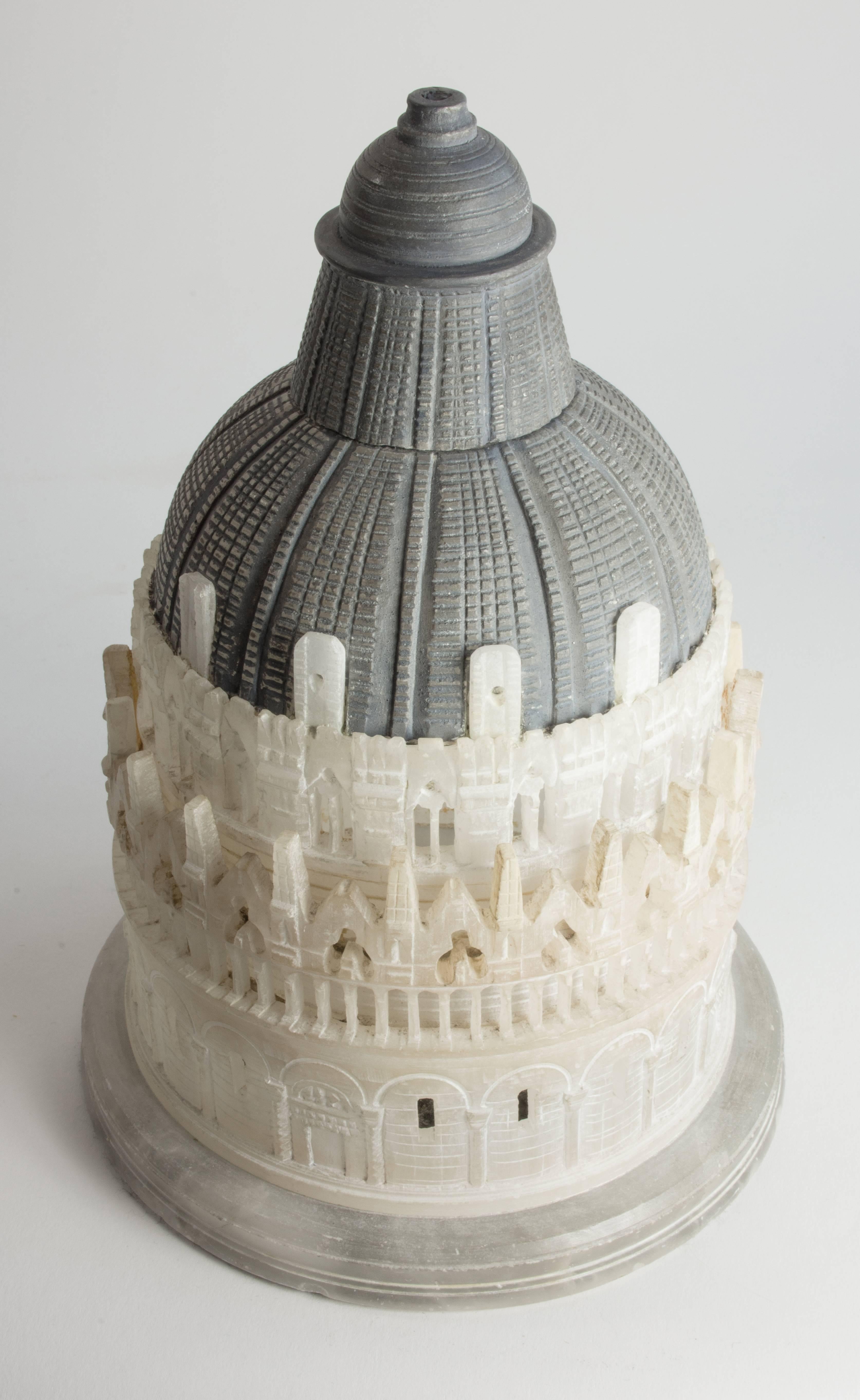 St. John’s Baptistry, Pisa
Alabaster, 10.5” H.
Pisa, circa 1880.

With the city of Pisa, in Italy’s northwest, Ligurian coast, our thoughts run to the Tower. In architectural history, never has imperfection provided such celebrity. There are, of