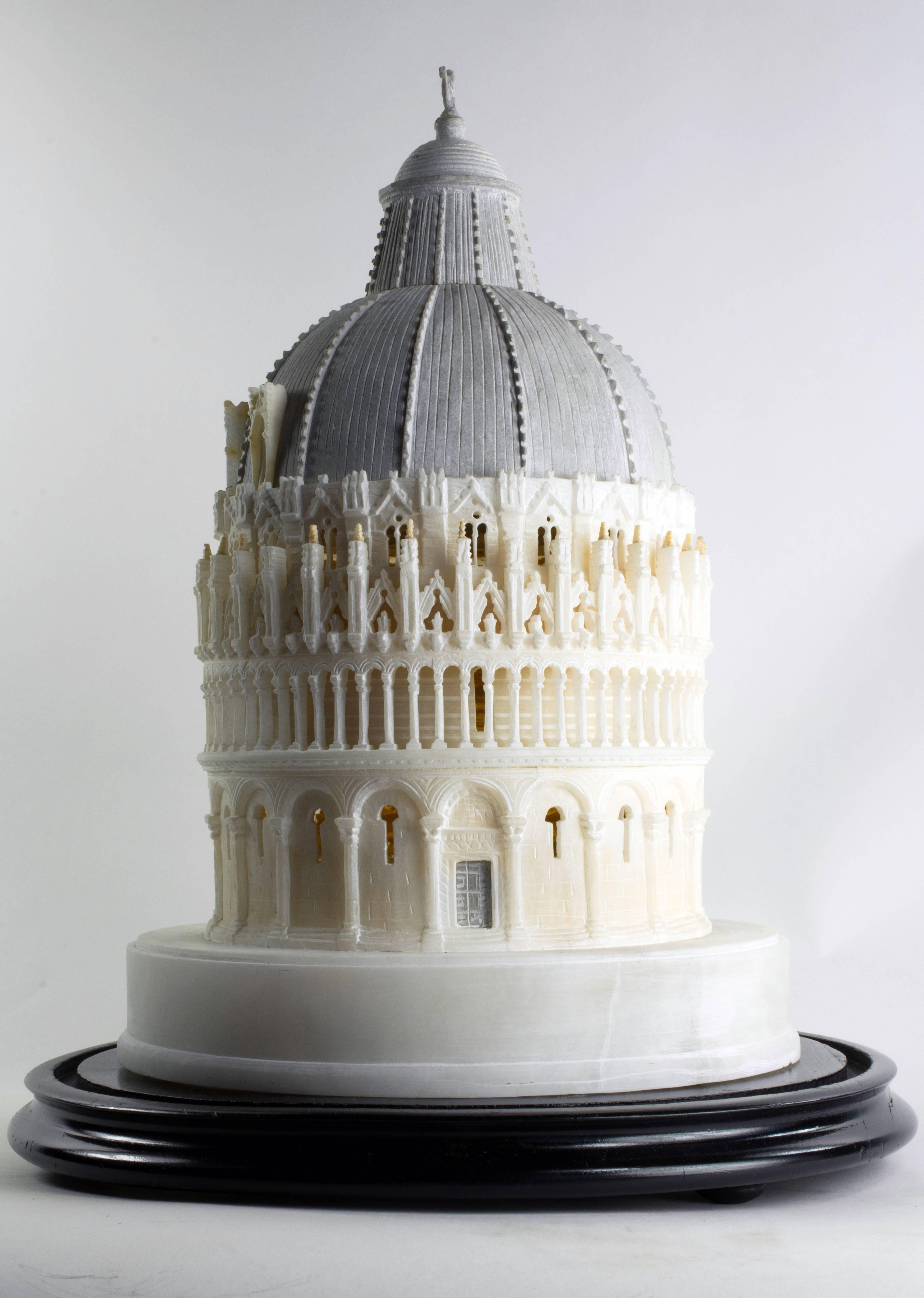St. John’s Baptistry, Pisa, mounted on wooden base, with glass dome.
Alabaster, 12” H.
Pisa, circa 1880.

With the city of Pisa, in Italy’s Northwest, Ligurian coast, our thoughts run to the Tower. In architectural history, never has