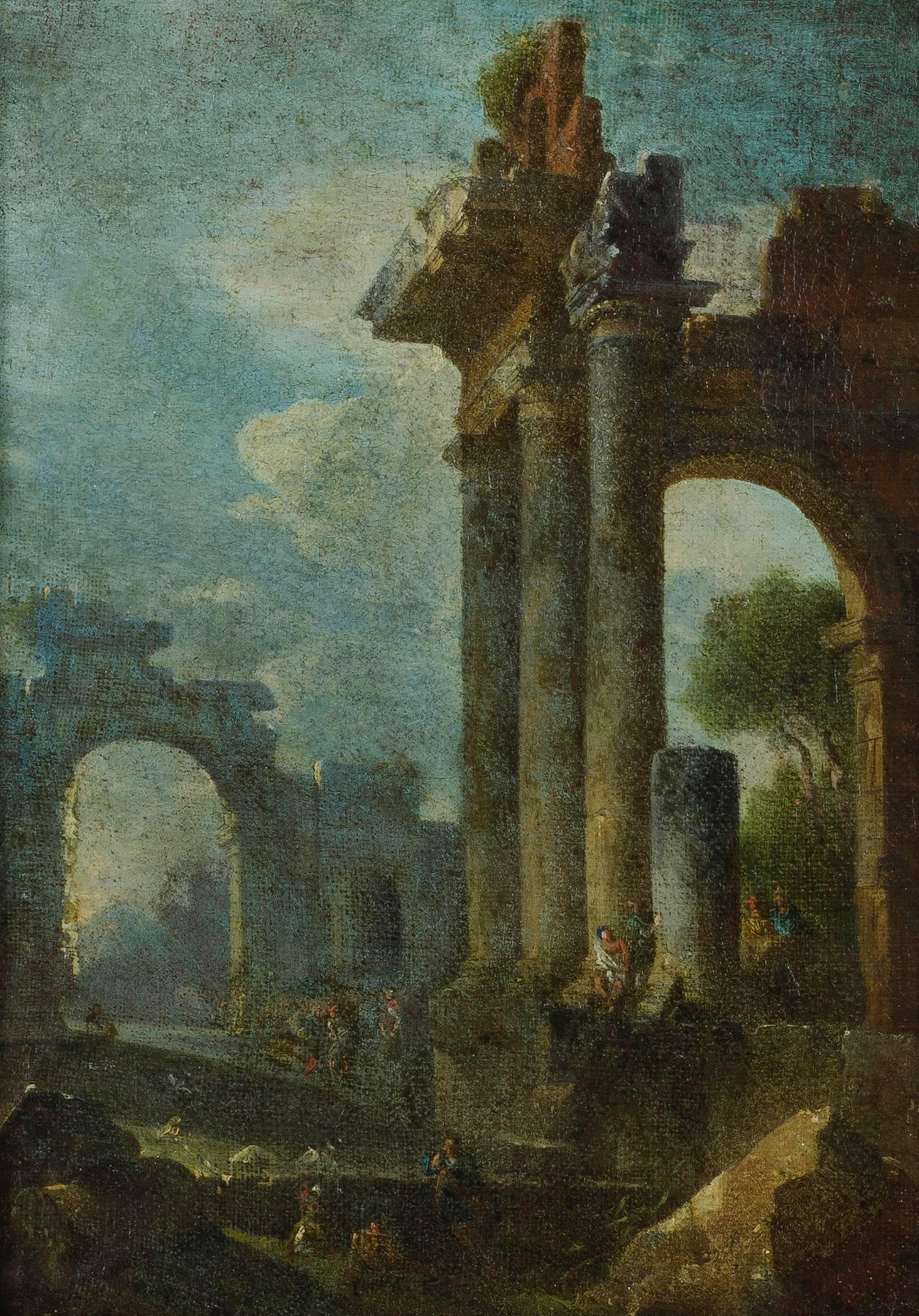 Ebonized 18th Century Italian Grand Tour Architectural Ruins Painting For Sale