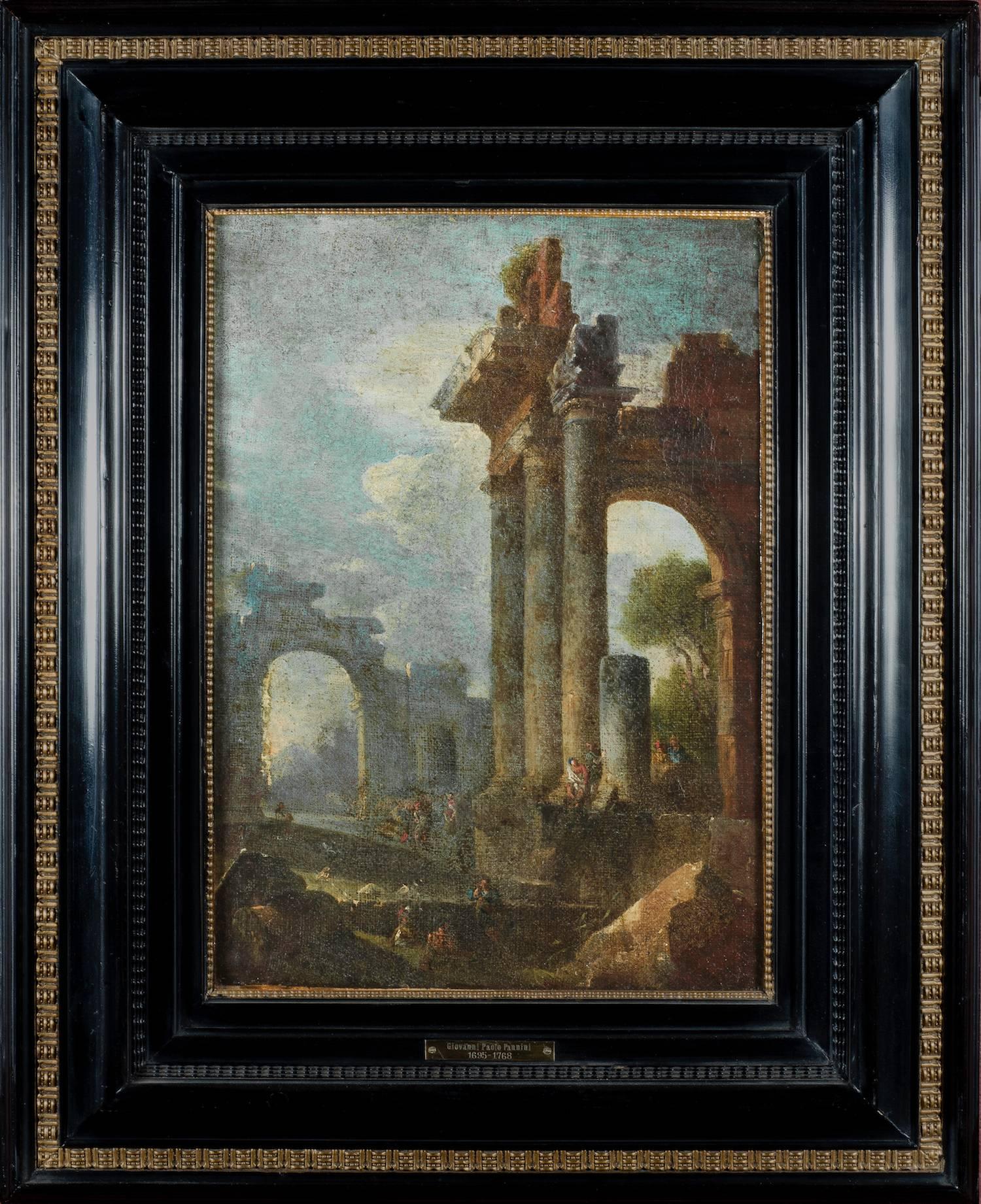 Accomplished 18th century Italian grand tour Architectural ruins painting in an elegant ebonized and gilded wood frame

The phenomenon of Italian ruin painting began in the mid-17th century, and is a Baroque development. It reached its Zenith in