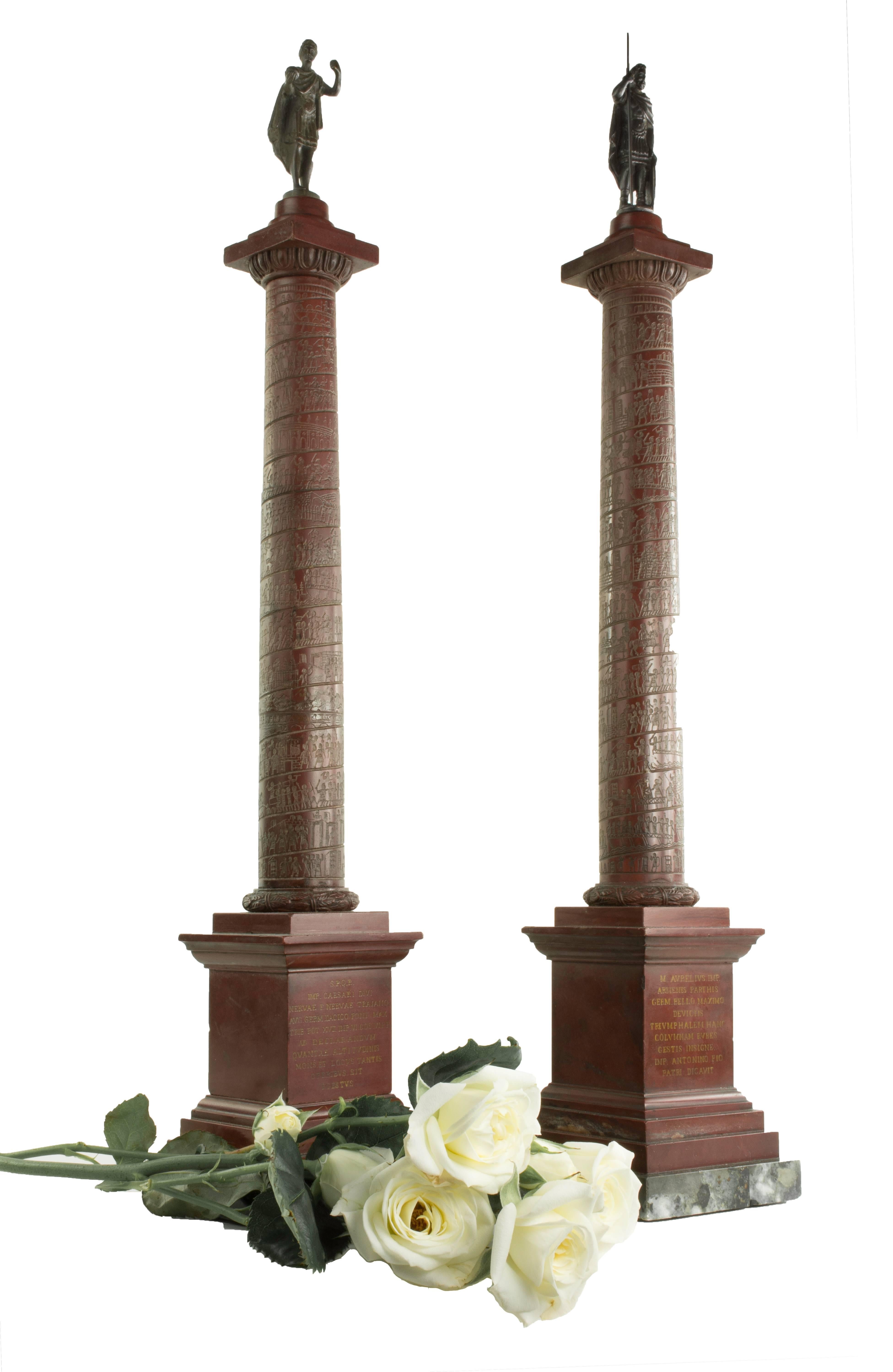 A pair of early 19th century Grand Tour marble architectural models of Roman columns.
Rosso and verde antico marble, with bronze figures.
Rome, circa 1820-1830, measure: 20” H.

The triumphal Columns of Trajan and Marcus Aurelius, erected in Rome in