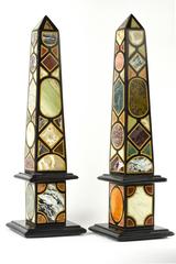 Large Pair of Inlaid Specimen Marble Obelisks