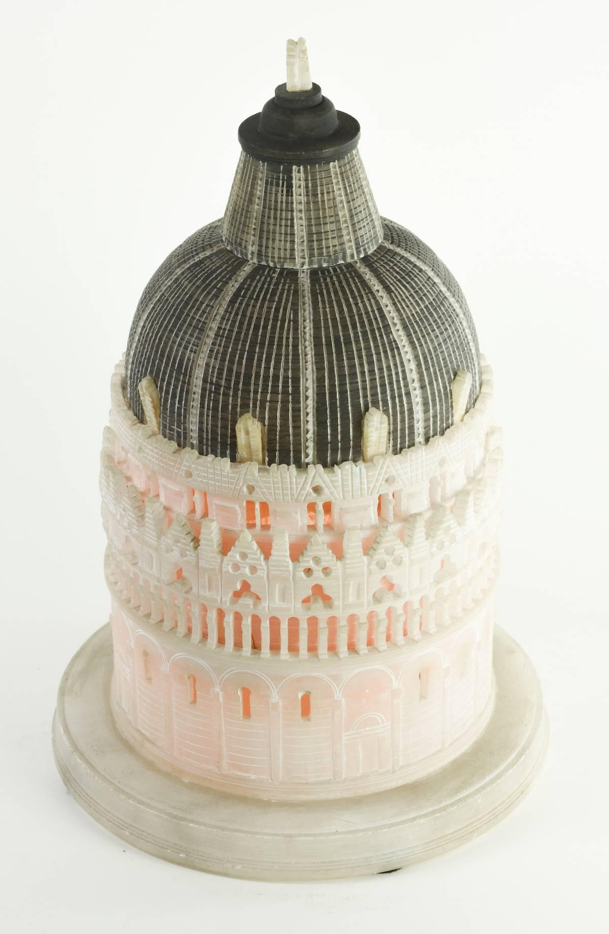 St. John’s Baptistry, Pisa
Alabaster, 12” H. 
Pisa, circa 1890.

With the city of Pisa, in Italy’s northwest, Ligurian coast, our thoughts run to the Tower. In architectural history, never has imperfection provided such celebrity. There are, of