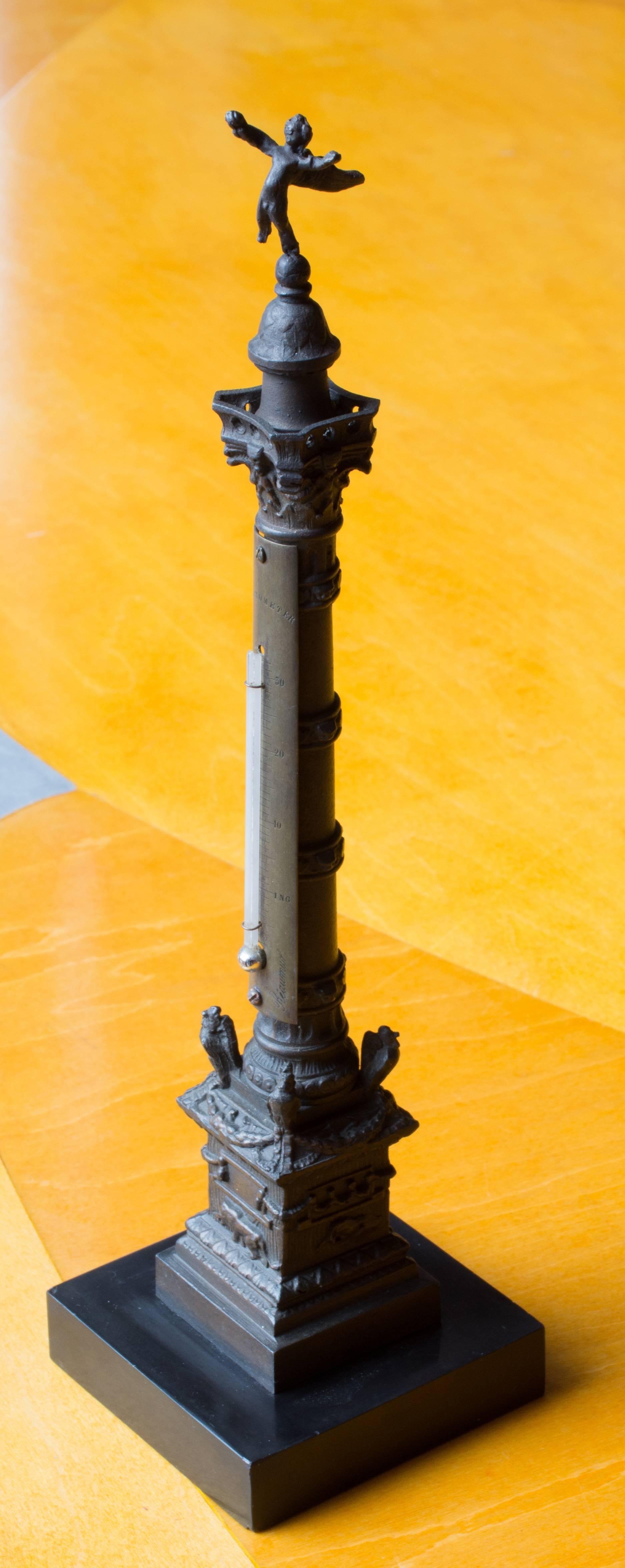 Colonne de Juillet, Paris
Cast bronze model, with stamped sheet brass and glass thermometer, on a polished French slate base
12” H, c 1870

Paris’ Colonne de Juillet (July Column), commemorating the Trois Glorieuses (three Gloroius Days) of the