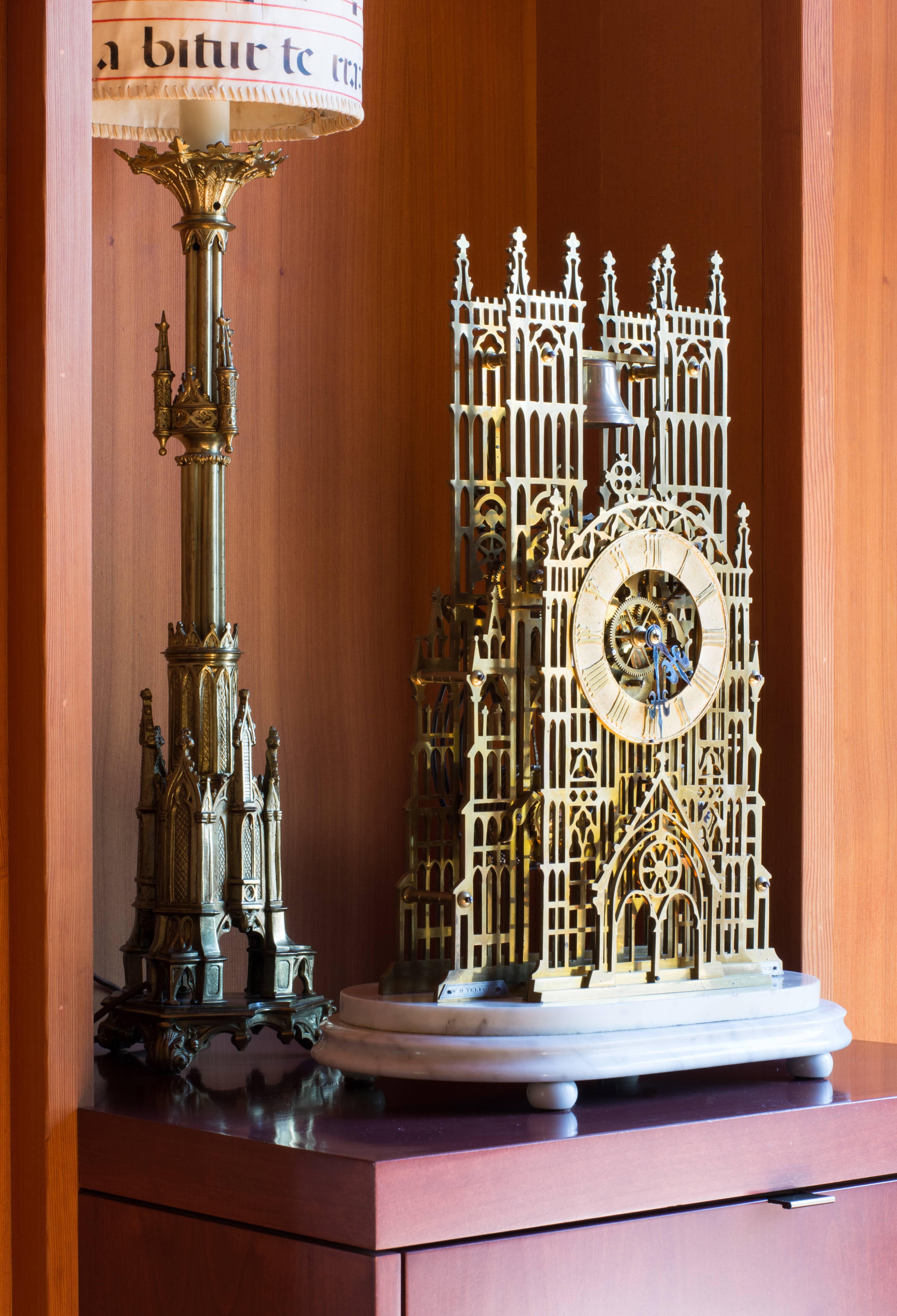Westminster Skeleton Clock
Pierced, polished brass plates on marble base, 22” high
W. H. Telford, Whitehaven, England, ca. 1850

The history of horology divides neatly into the making of clock works and clock cases – independent enterprises