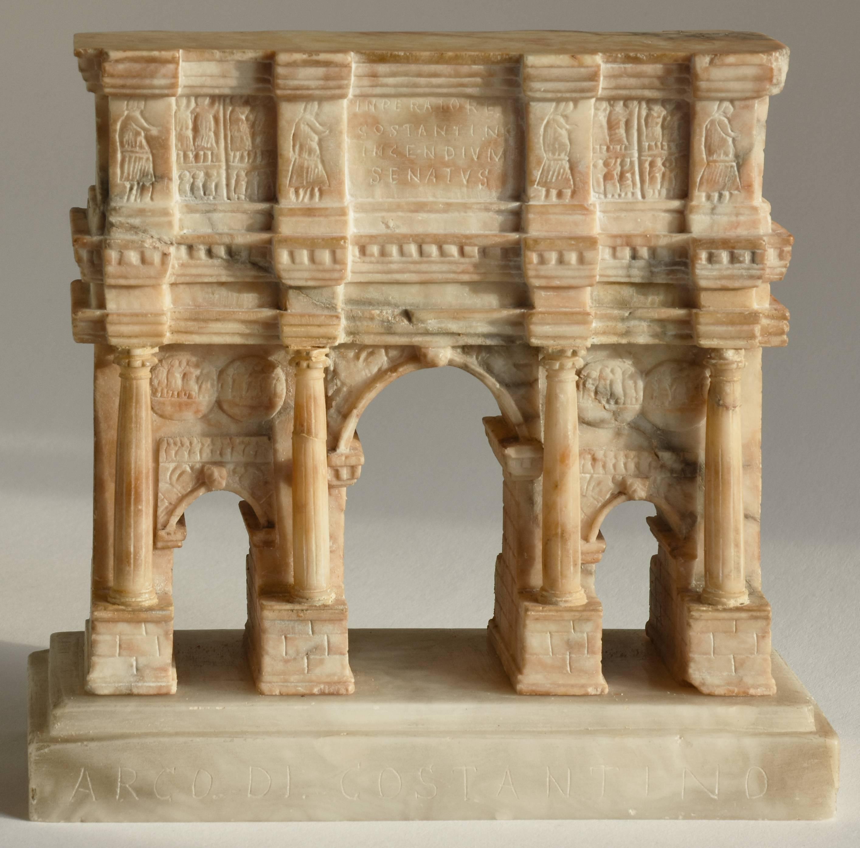 An impressive, 19th century, Grand Tour carved Alabaster architectural model of Rome’s Arch of Constantine

Interestingly, compared with other 19th century architectural souvenir models from the Eternal City, its famous arches are relatively