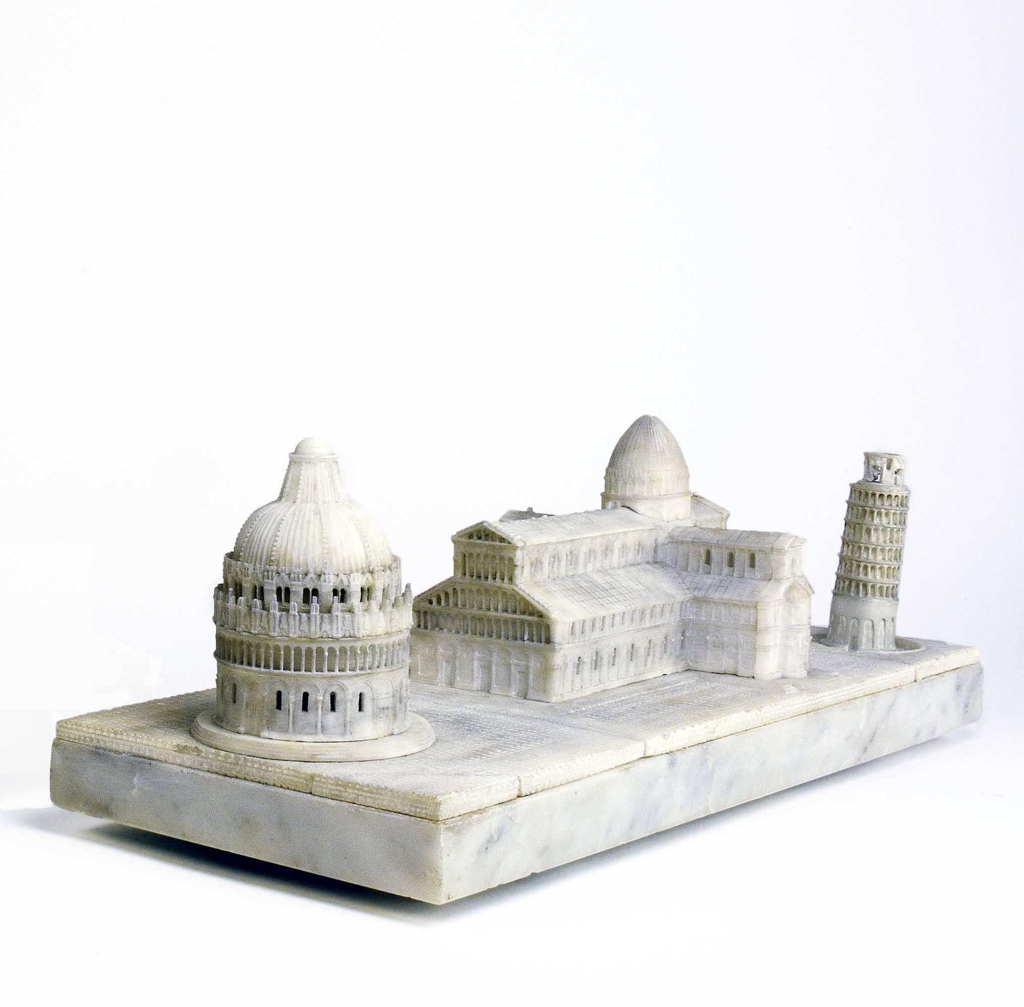 
Pisa Cathedral with Leaning Tower and Baptistry
alabaster, circa 1875. The measures: 14.5 inches long and 5.5 inches in height.  

Though replicas of Pisa's Leaning Tower are some of the most popular of all time, this group of the Cathedral,