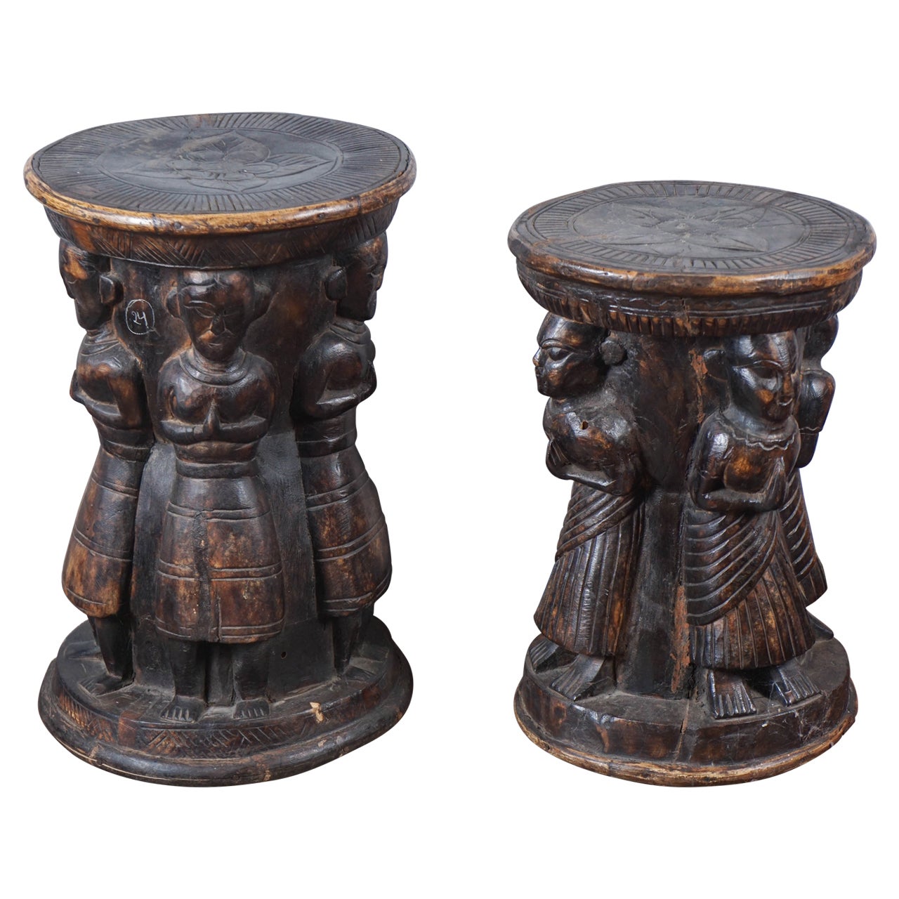 Pair of 19th Century Hand-Carved Stools, Nepal
