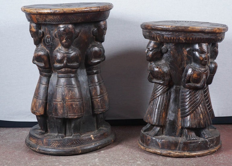 Hand-carved depicting caryatids around these amazing stools.
Small: 11 inches Diameter X 16 inches Height
Large: 12 inches Diameter X 18.5 inches Height