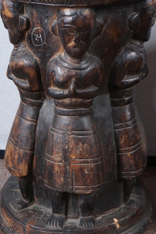 Wood Pair of 19th Century Hand-Carved Stools, Nepal