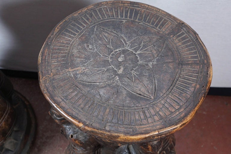 Pair of 19th Century Hand-Carved Stools, Nepal 3