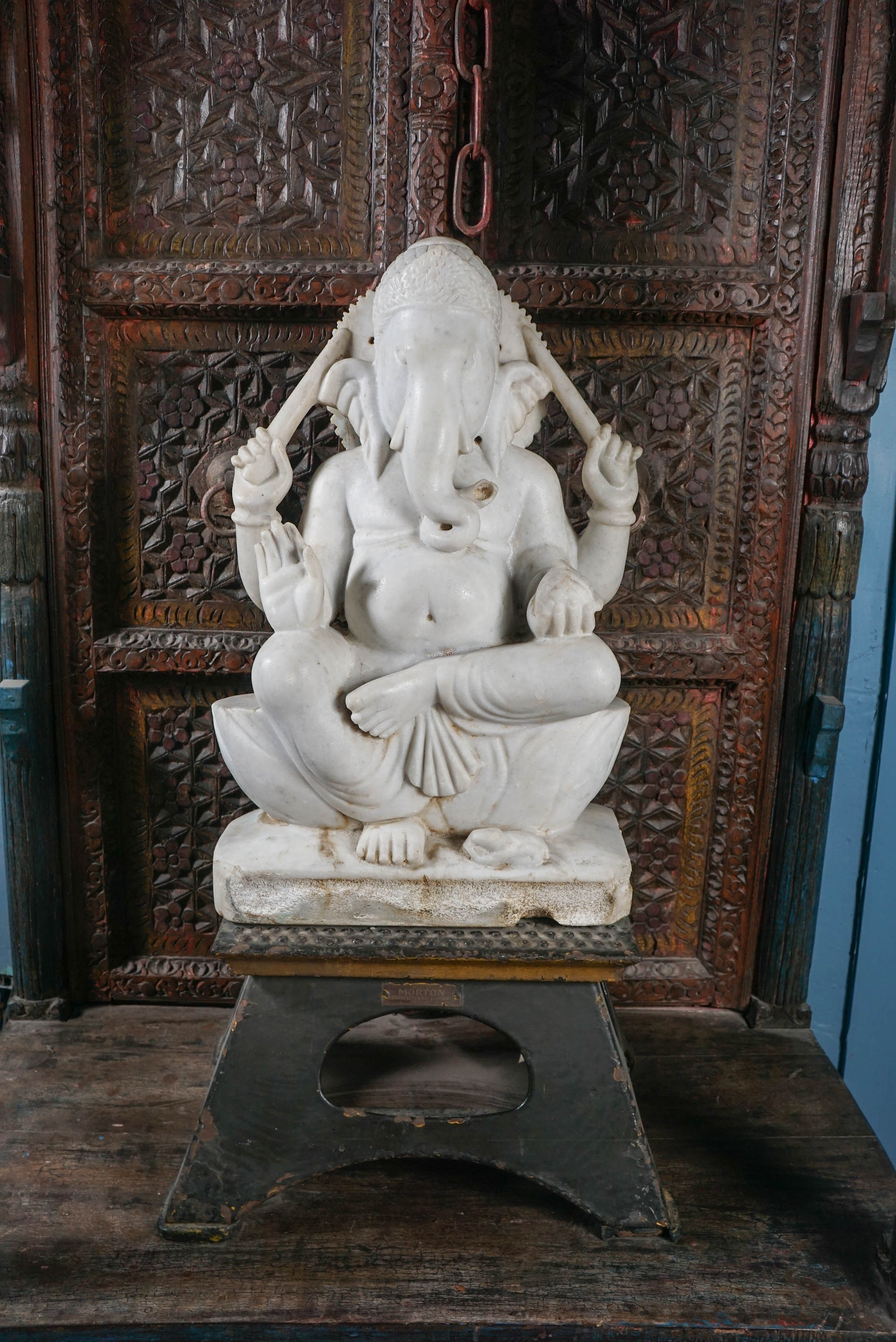 Marble Ganesh, ca 1900 on a Train Step Stool in a 20th Century Shrine 2
