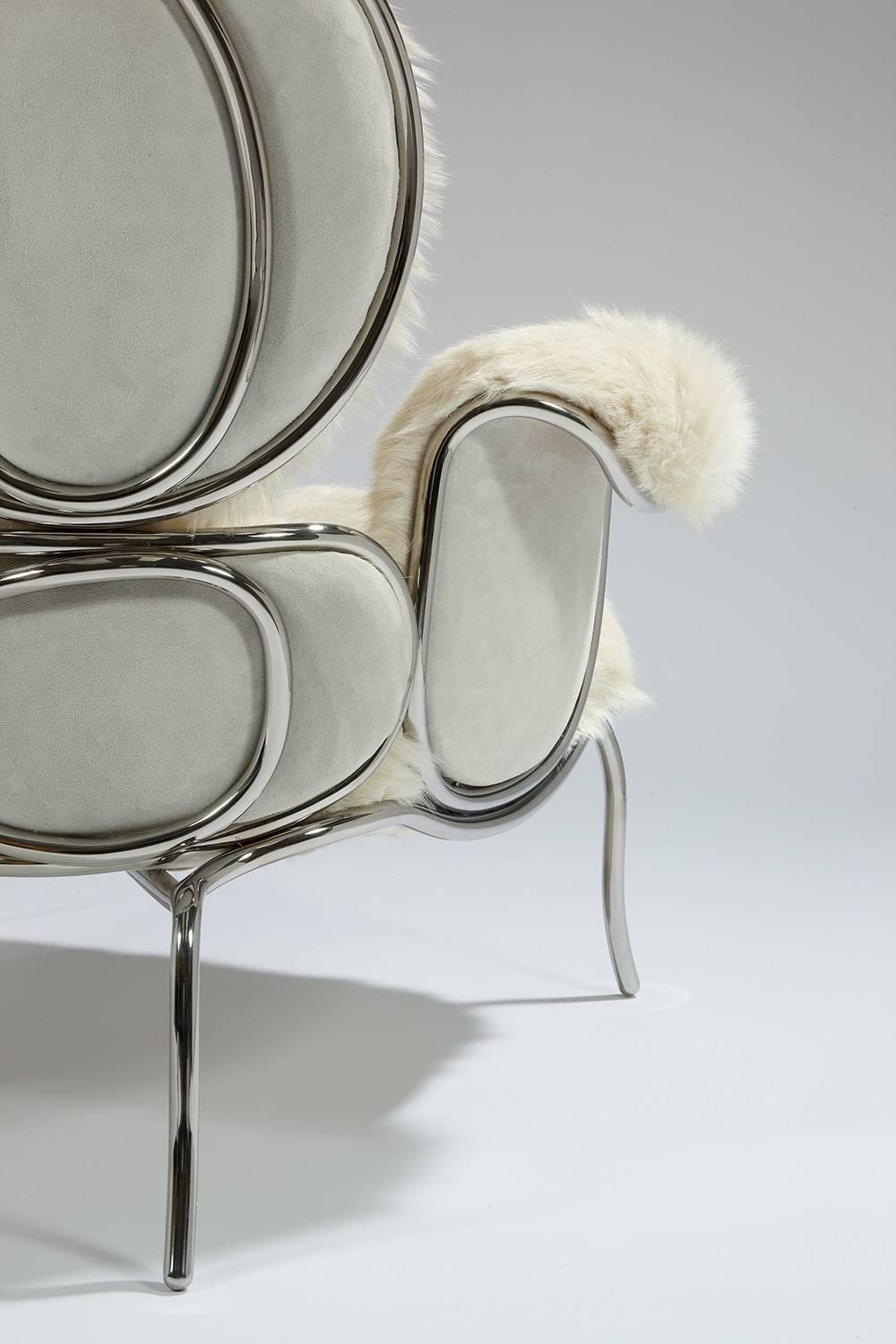 Mattia Bonetti
Armchair and ottoman 'Big Jim' 
2008.
Nickel-plated steel frame, fur/couture fabric, suede.
Chair: H 96 x L 96 x D 86 cm / H 37.8 x L 37.8 x D 33.9 in. 
Ottoman: H 27 x L 57 x D 53 cm / H 10.6 x L 22.4 x D 20.8 in.
Editions