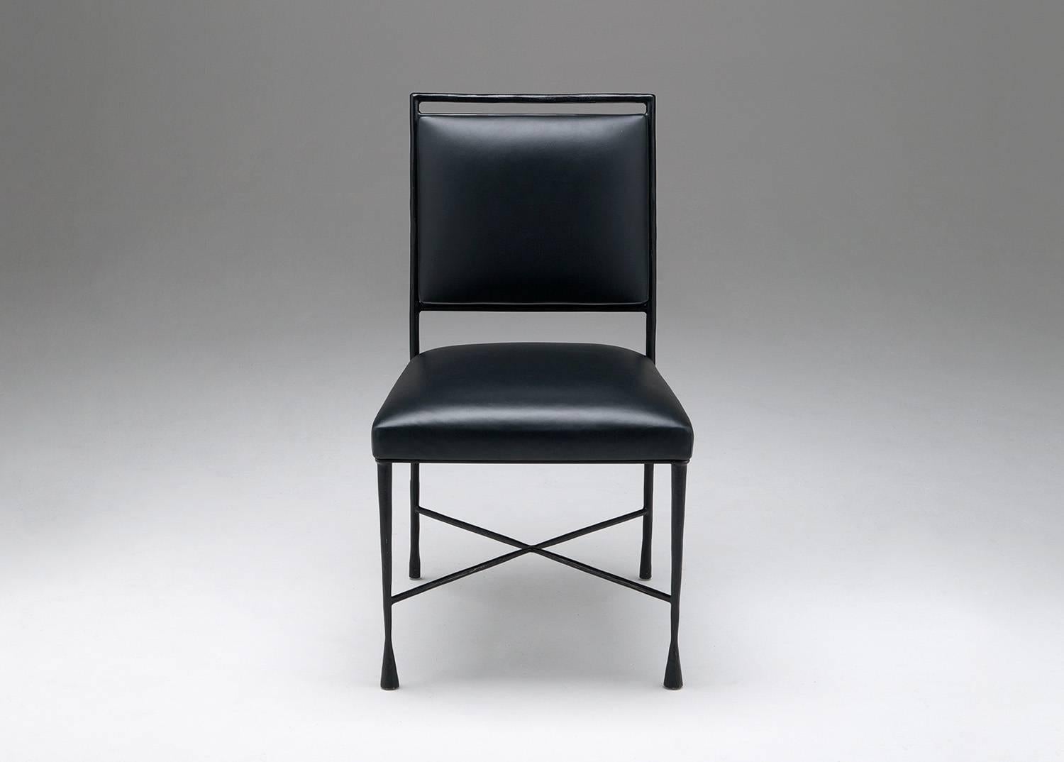 For EU buyers this piece is subject to a 20% VAT tax, which will be added to the price after the order has confirmed.  Please contact the Gallery for further information. 

Grillo Demo
Pair of Chairs 'Arki,' 
2000.
Fer forgé, black leather