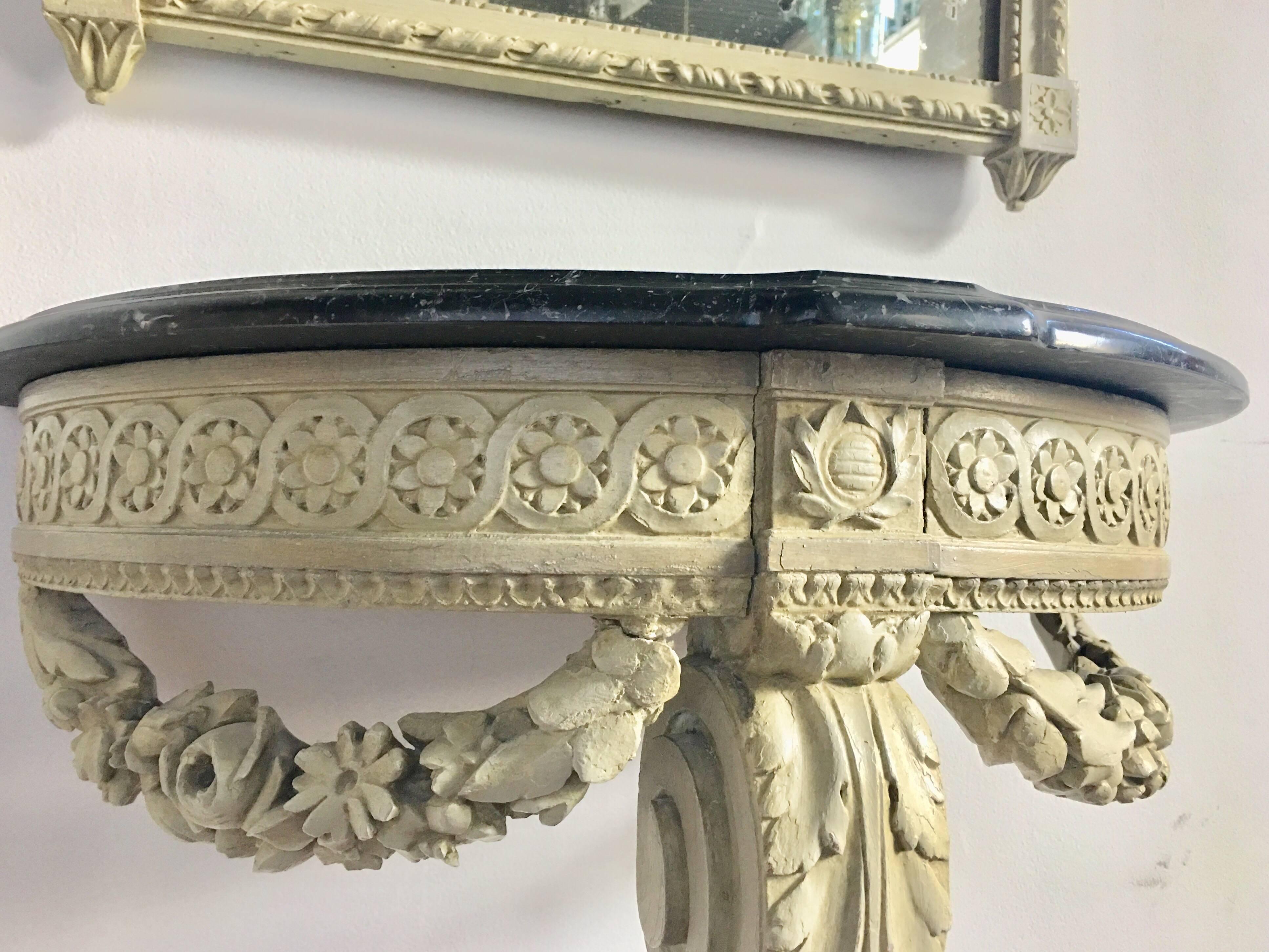 French Louis XVI Style Draped Carved Console Demilune Table and Pier Mirror, France