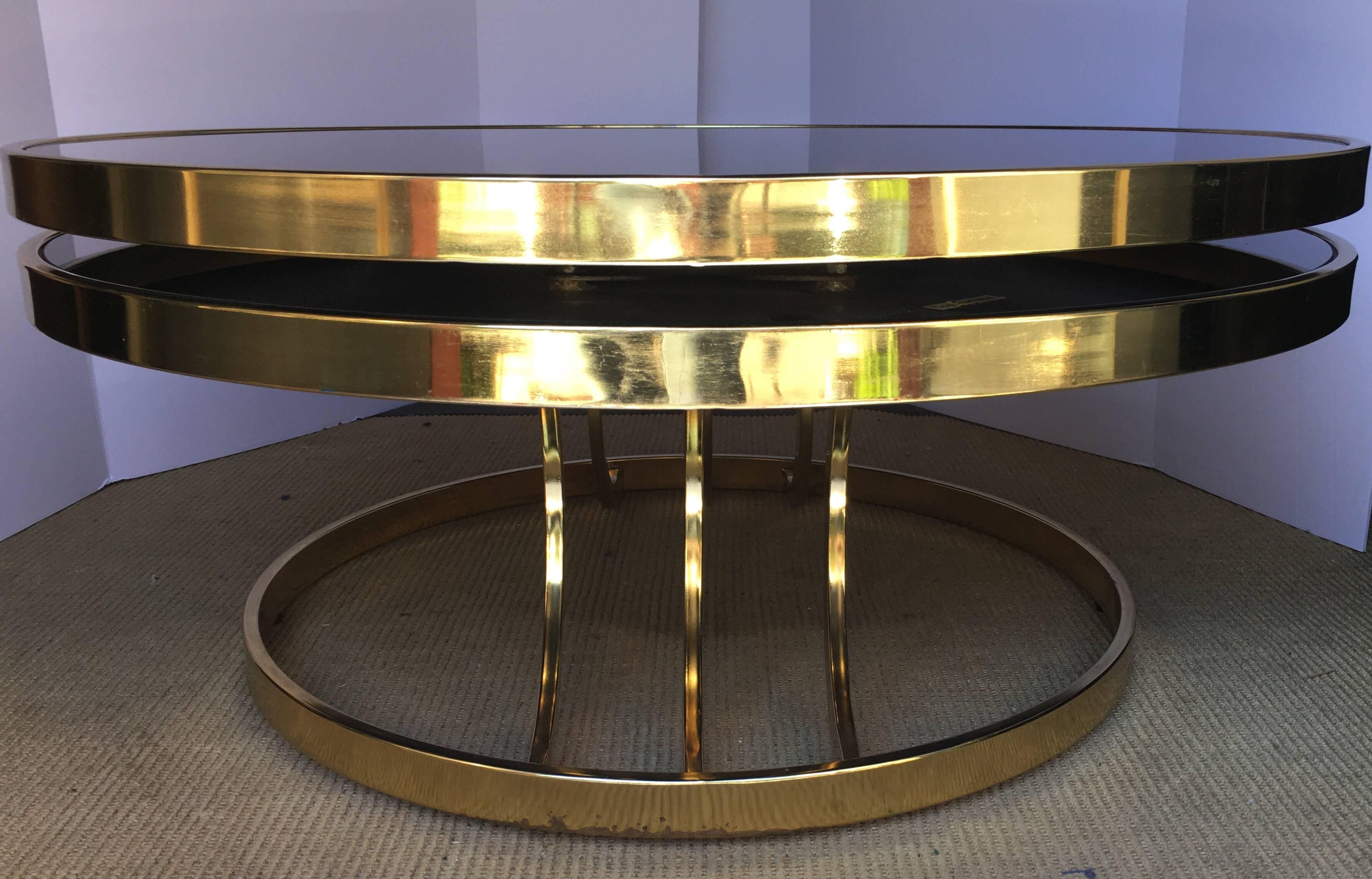 Mid-Century Modern Design Institute America Round Two-Tier Swivel Brass and Glass Cocktail Table