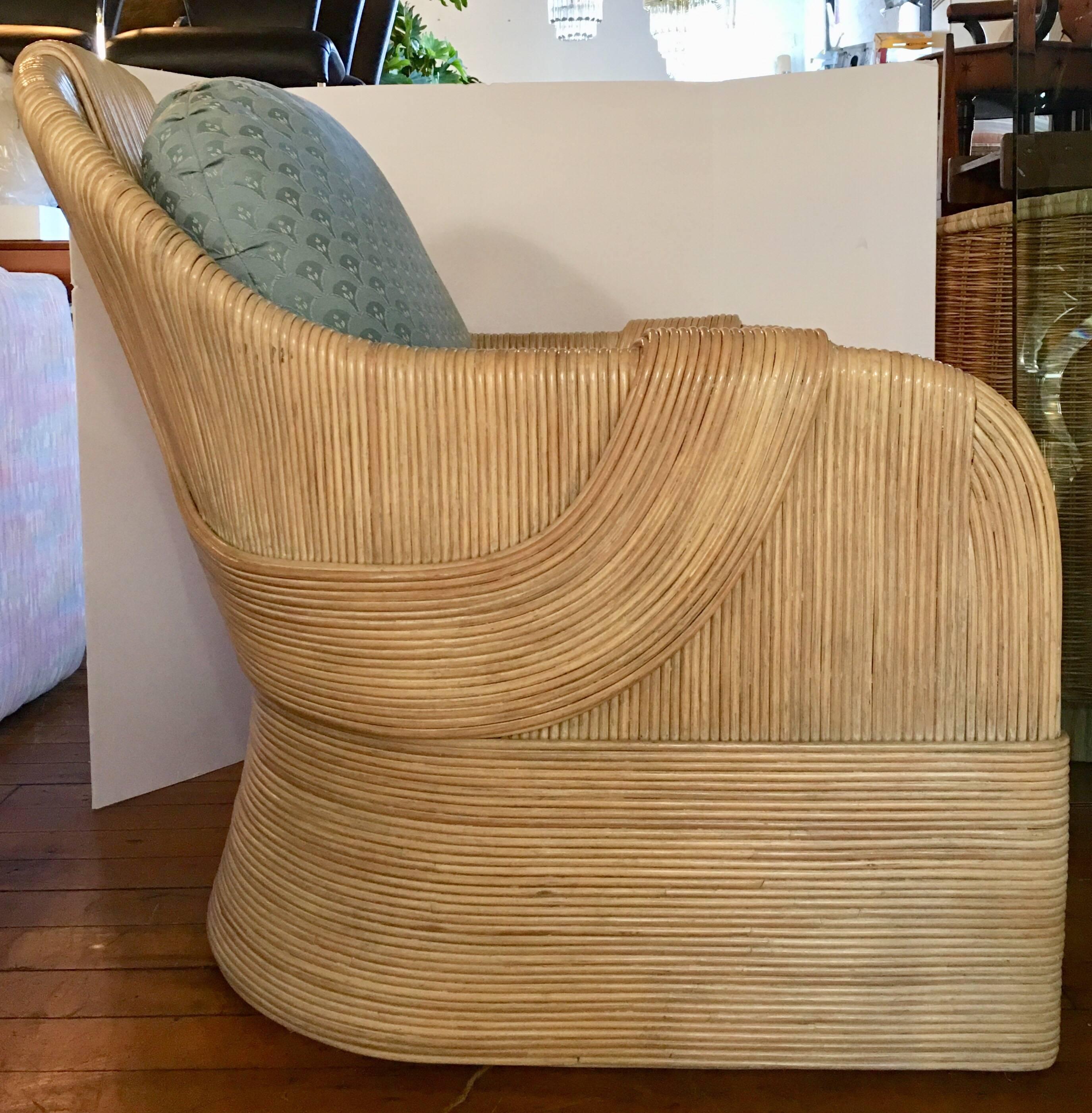 Paul Frankl Style Mid-Century Modern Draped Rattan Reed Lounge Chair In Good Condition In Lambertville, NJ