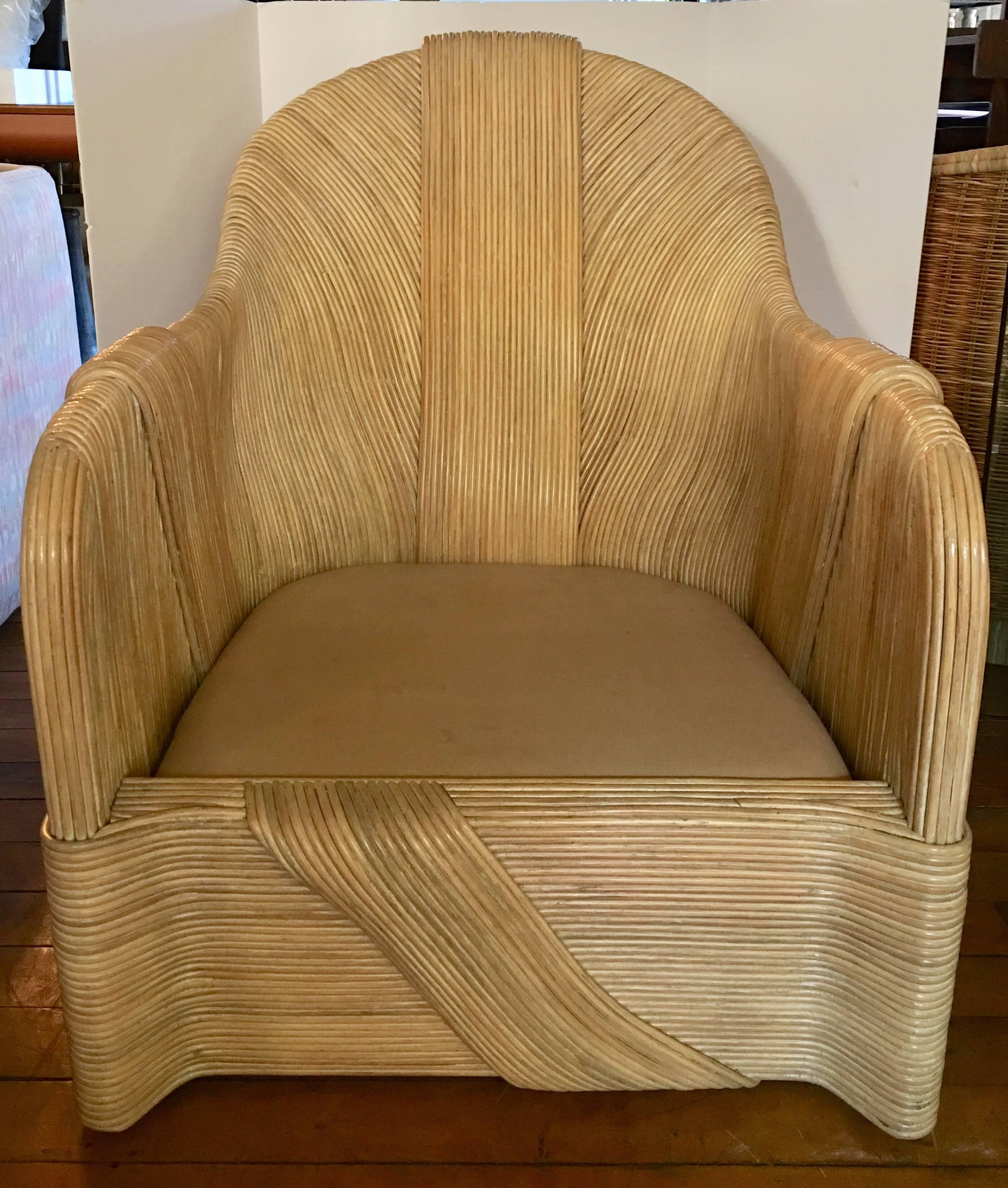 Late 20th Century Paul Frankl Style Mid-Century Modern Draped Rattan Reed Lounge Chair