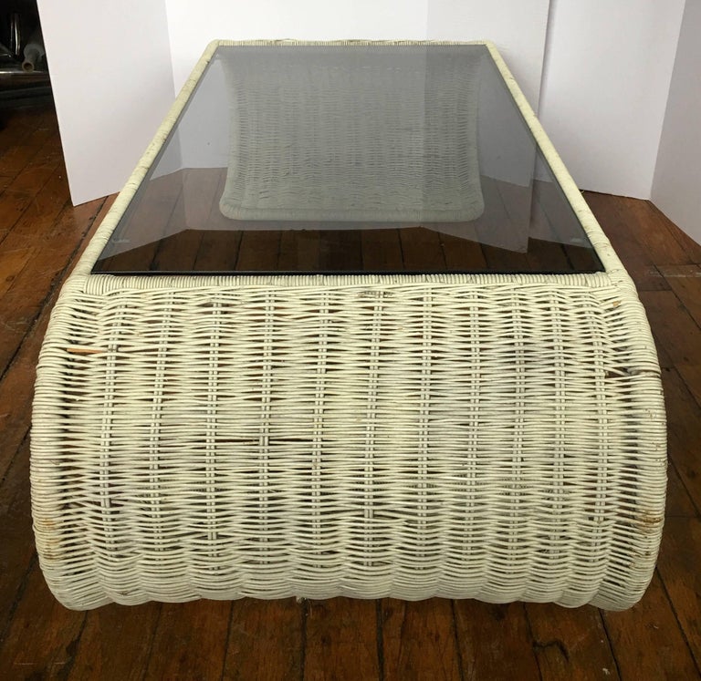 Mid Century Modern Rattan Wicker And Gl Sculptural Waterfall Coffee Table