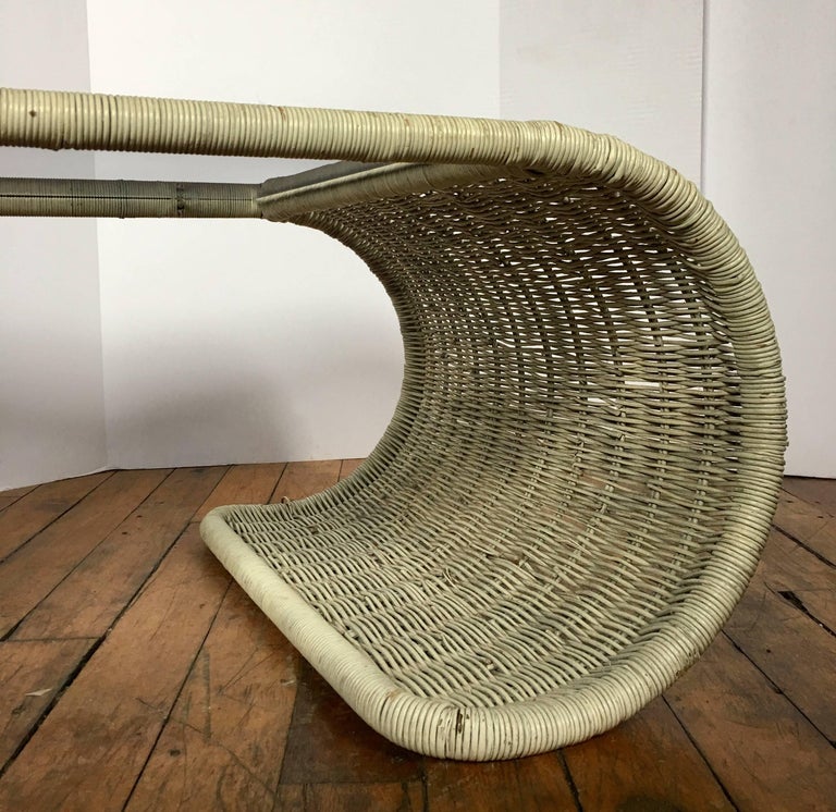 Mid Century Modern Rattan Wicker And Glass Sculptural Waterfall Coffee Table