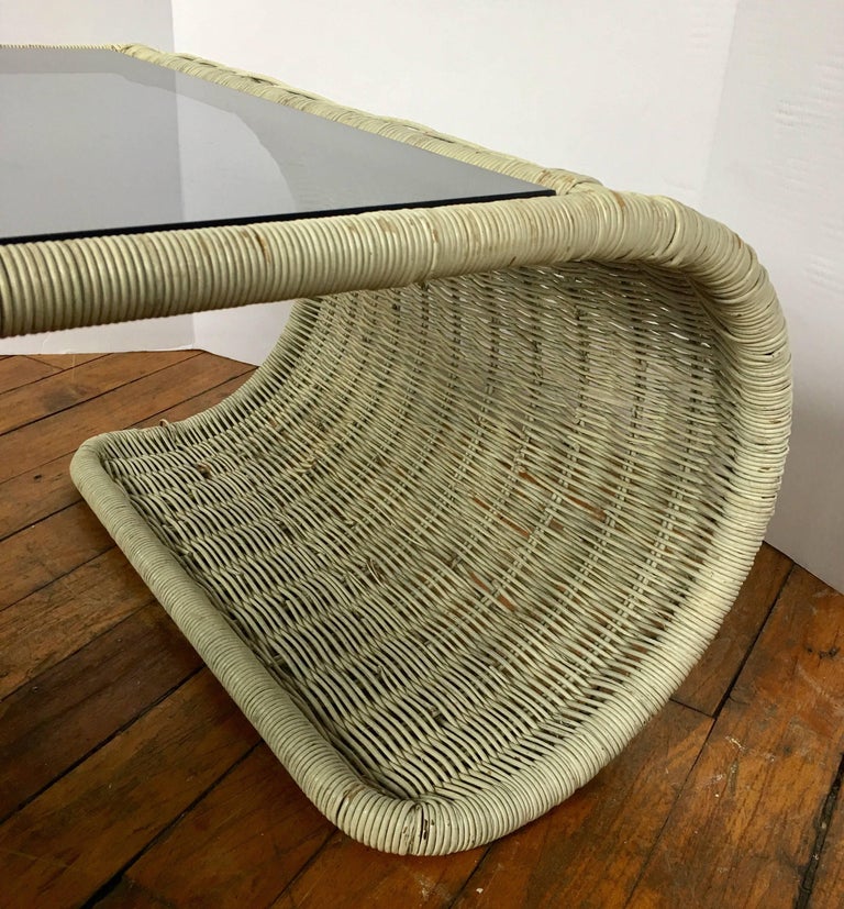 Mid Century Modern Rattan Wicker And Glass Sculptural Waterfall Coffee Table