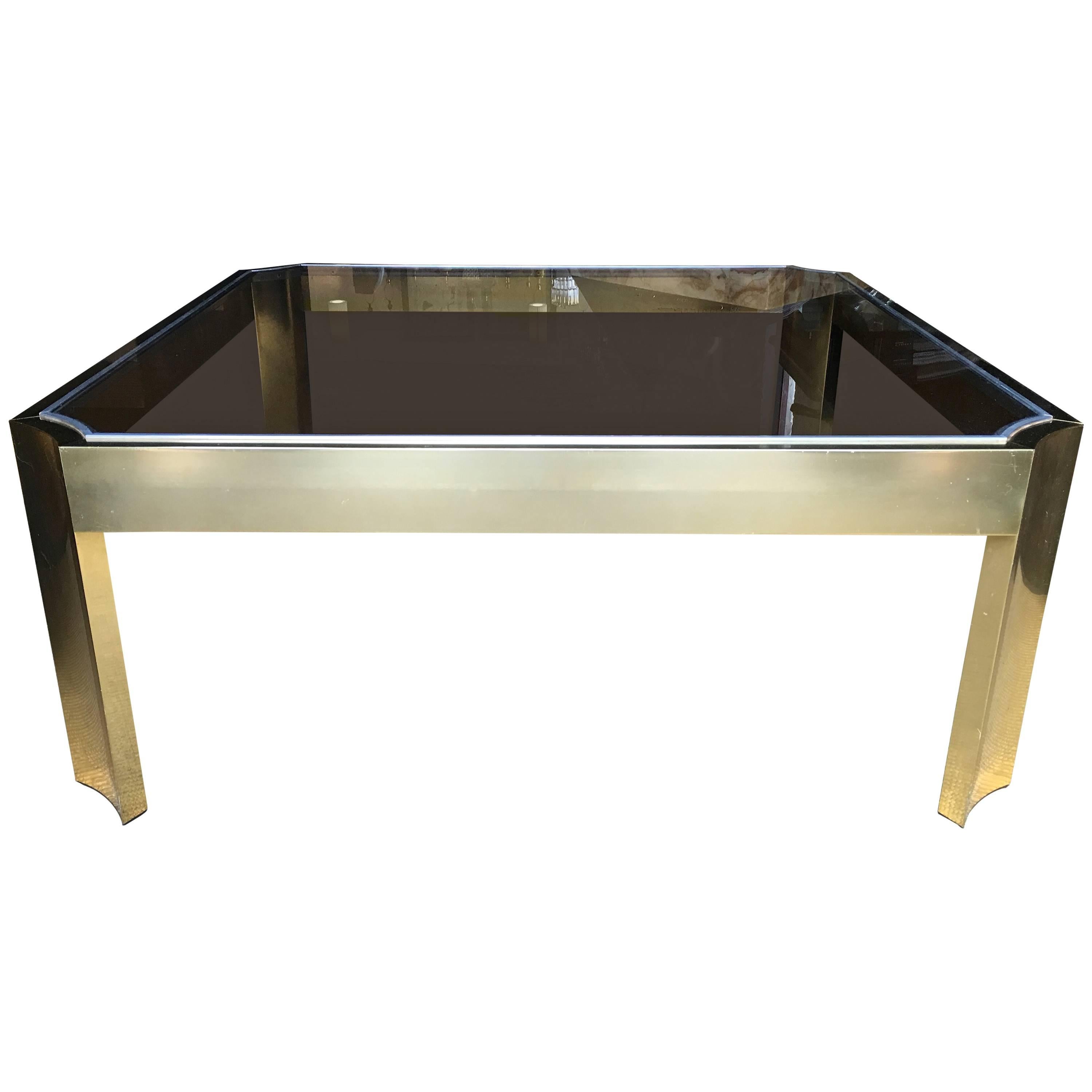 Mid-Century Modern Square Brass Cocktail Table with Smoked Glass