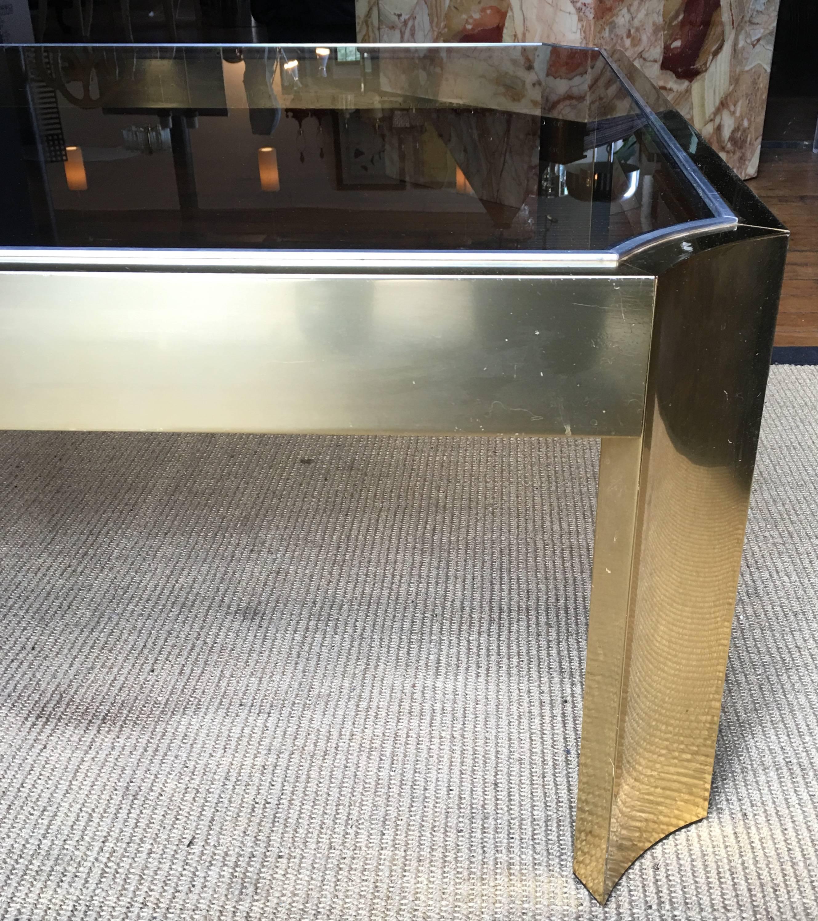 Mid-Century Modern Square Brass Cocktail Table with Smoked Glass In Good Condition For Sale In Lambertville, NJ