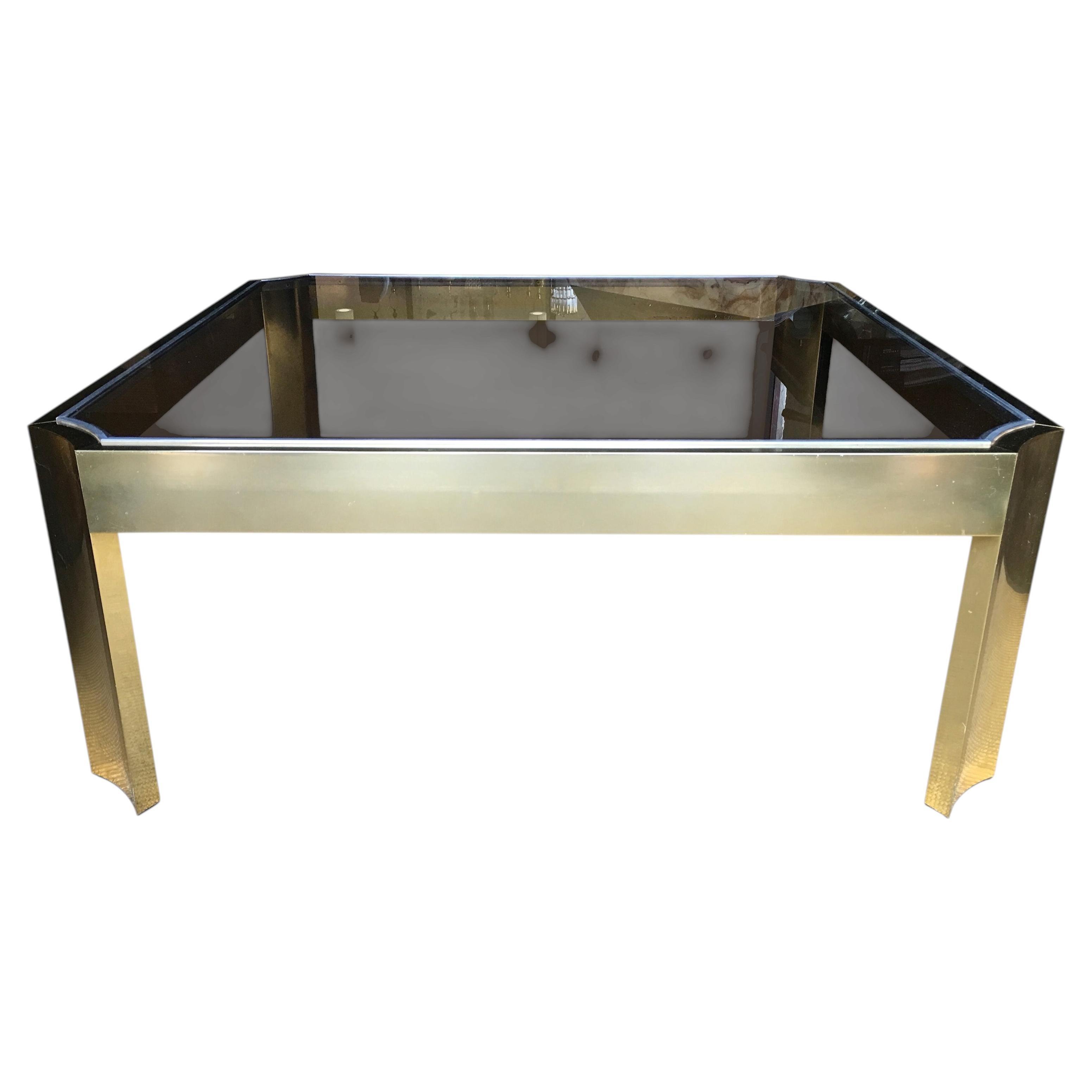 Mid-Century Modern Square Brass Cocktail Table with Smoked Glass