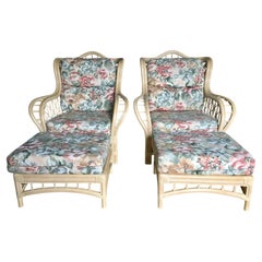 1980s Sculptural Faux Bamboo Rattan Wing Lounge Chairs and Ottomans by Lane Pair