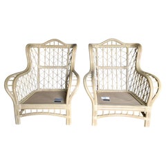 1980s Sculptural Rattan Faux Bamboo Wing Chairs with Ottomans by Lane