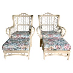 1980s Sculptural Rattan Faux Bamboo Wing Chairs with Ottomans by Lane
