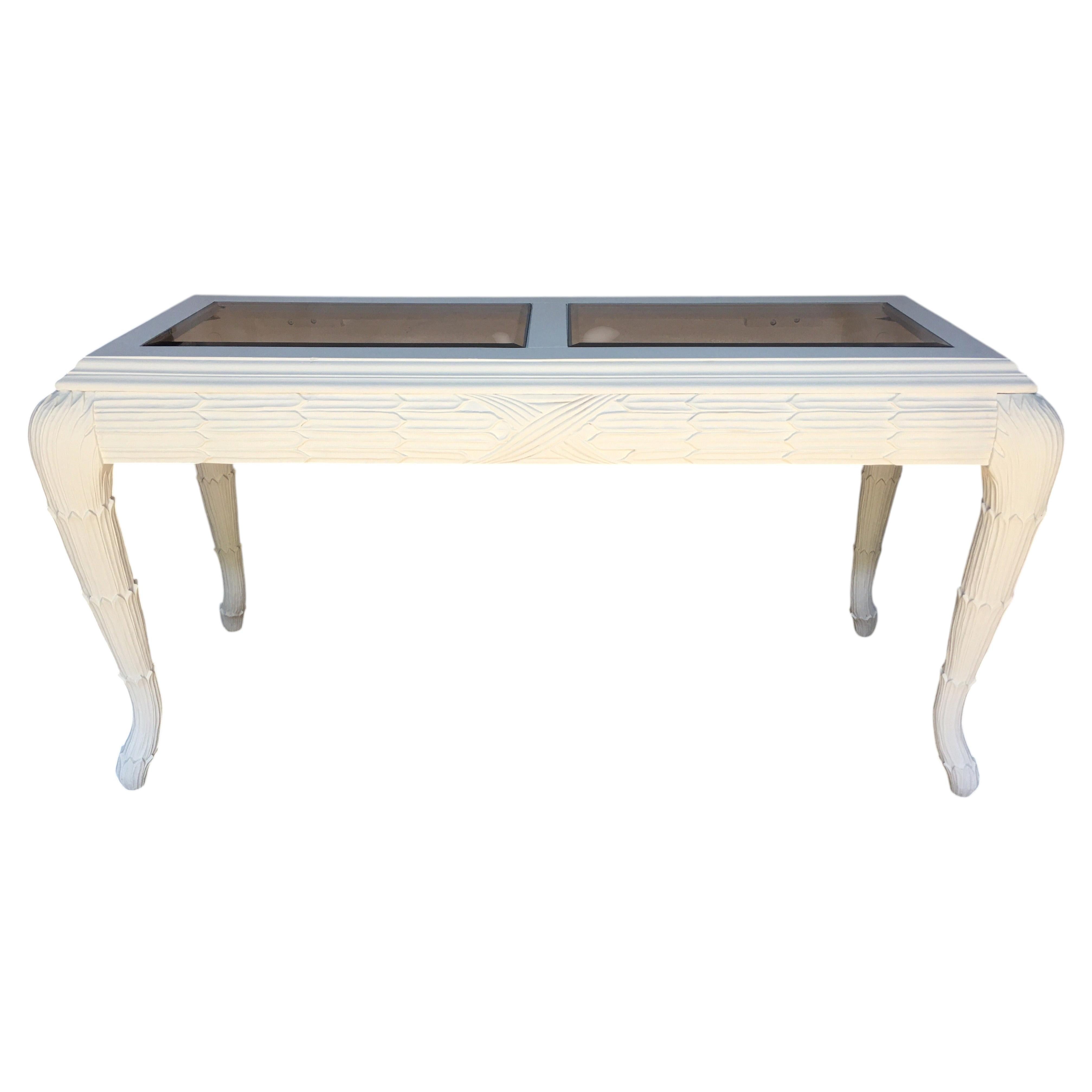 Serge Roche Style Plaster White Palm Carved Console Table For Sale