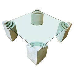 Sculptural Modern Tessellated Stone Glass & Brass Square Coffee Table, Marcius