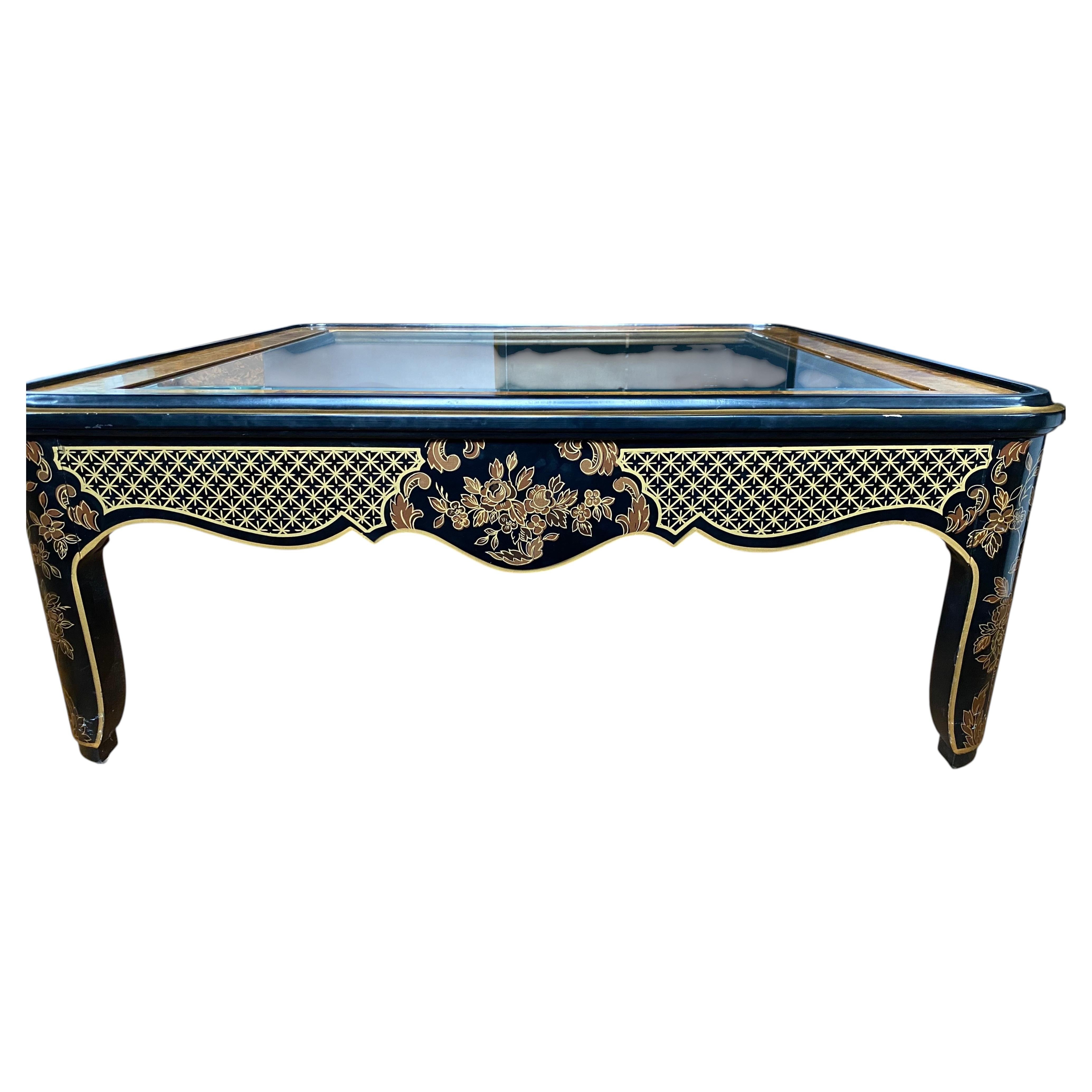 Hollywood Regency Chinoiserie Black & Gold Square Coffee Table, Drexel Et Cetera