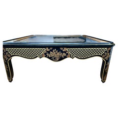 Table basse carrée noire et dorée de style Hollywood Regency Chinoiserie, Drexel Et Cetera