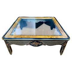 Table basse carrée noire et dorée de style Hollywood Regency Chinoiserie, Drexel Et Cetera