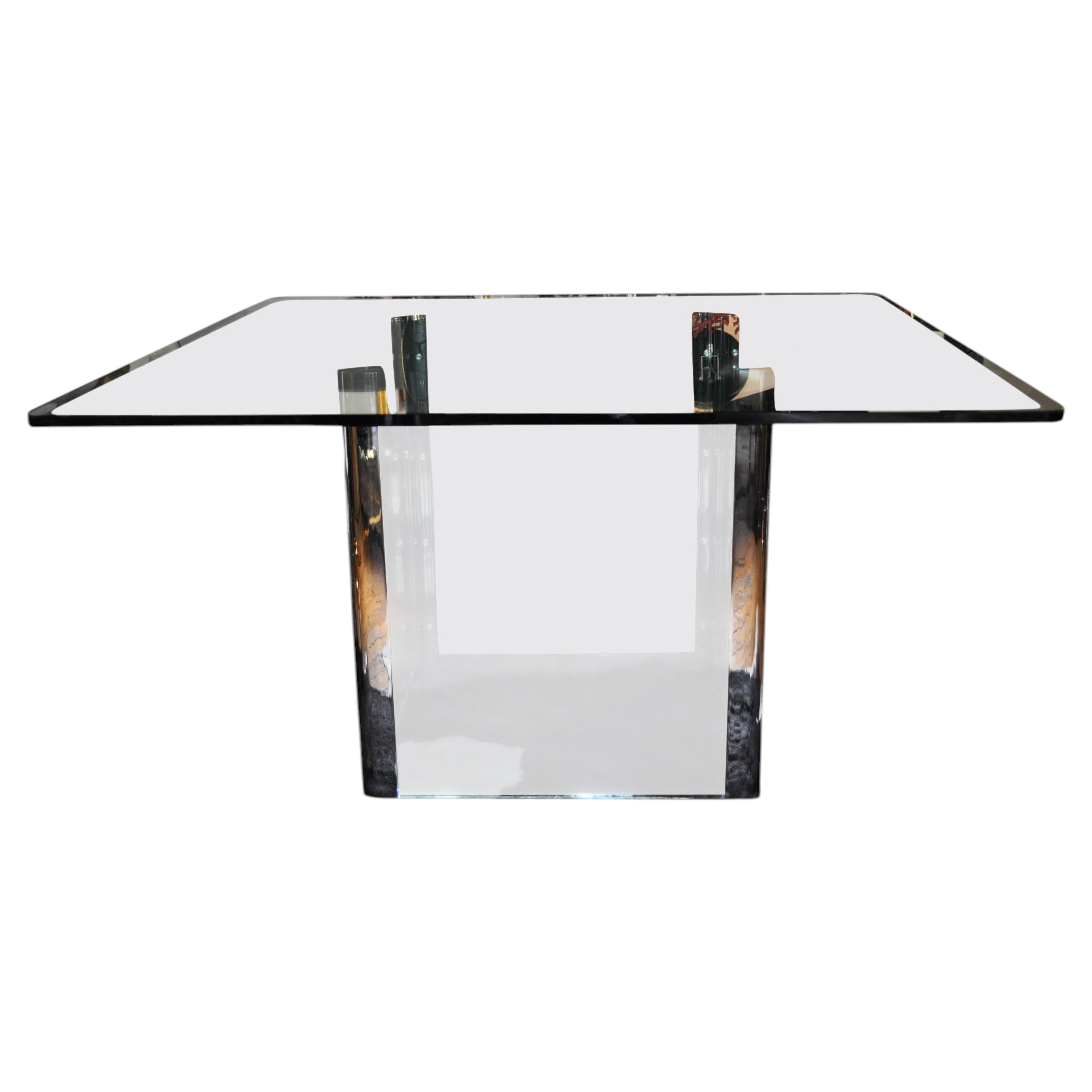 Base cuadrada de cromo y cristal para mesa de comedor de la colección Pace, década de los 70