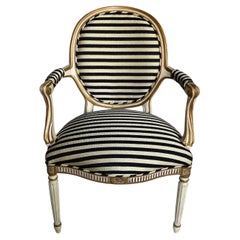 Midcentury French Louis XVI Style Gilt Painted Striped Armchair